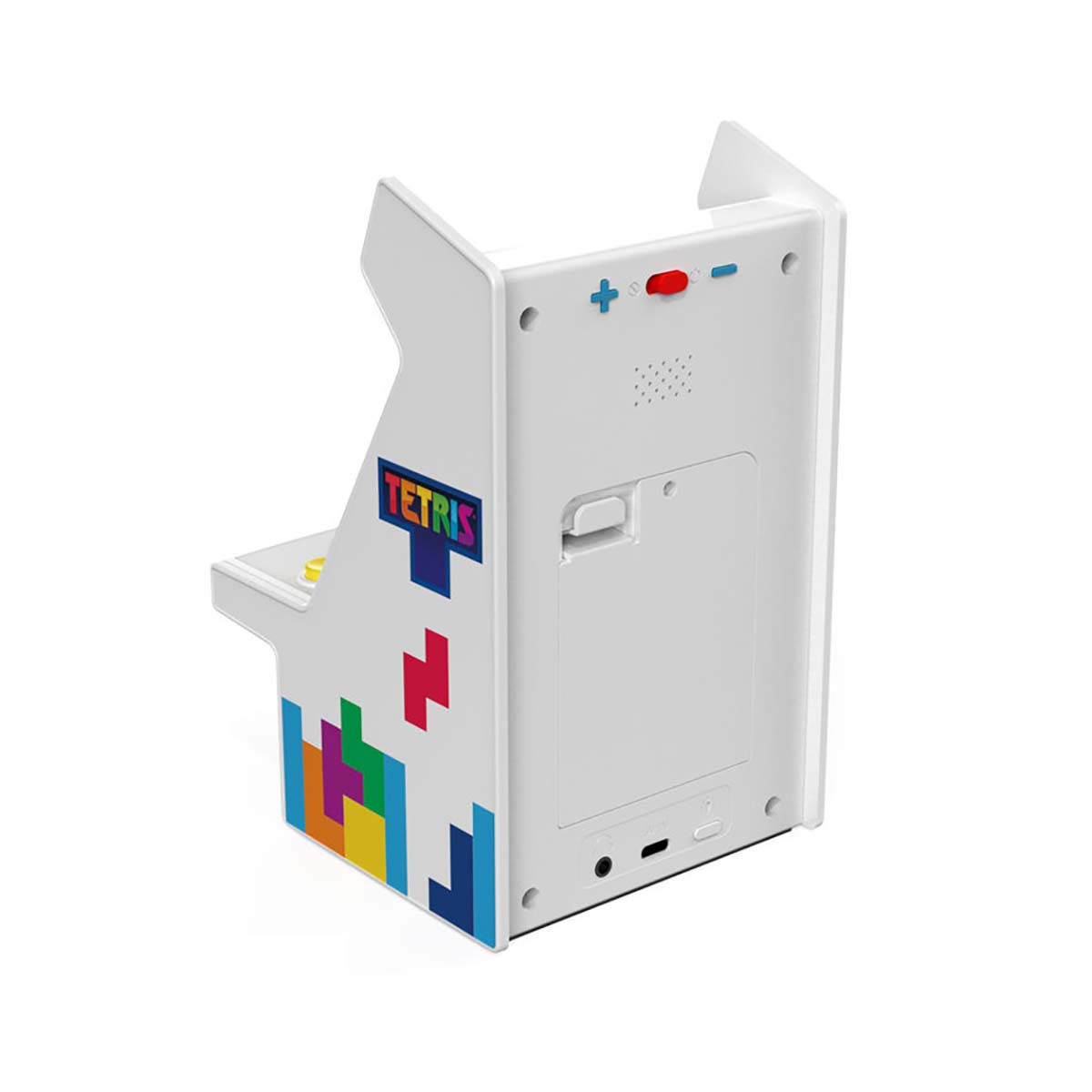 Biała maszyna do gier Tetris z kolorowymi detalami bocznymi, widok z boku.