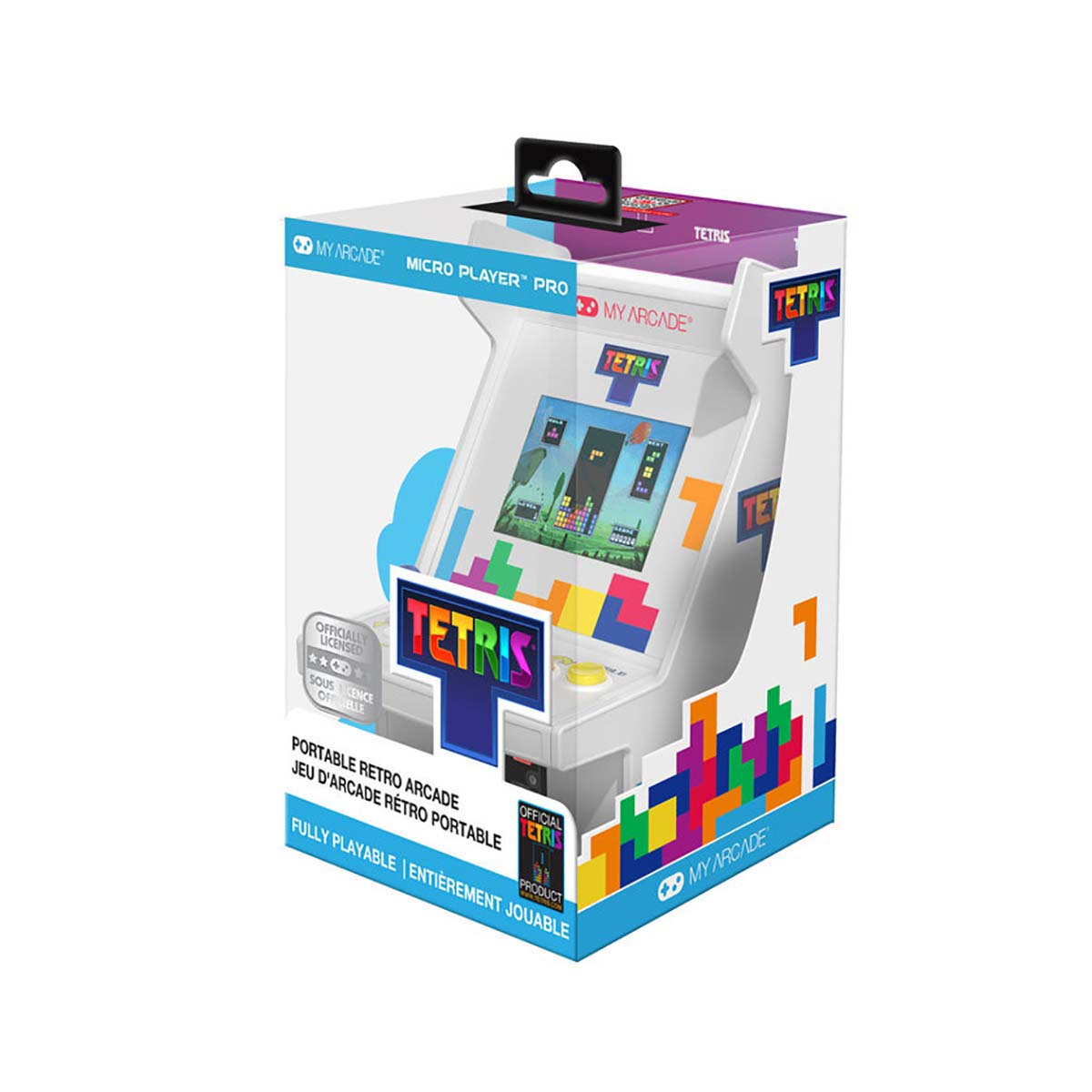 Białe pudełko automatu do gry Tetris, z maszyną w środku. Pudełko jest kolorowe.