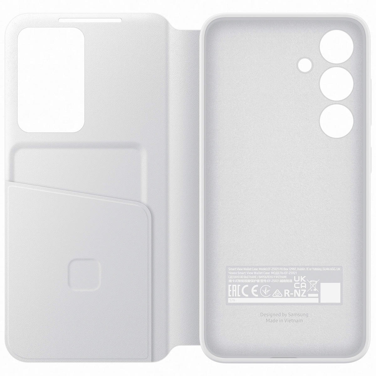 Białe etui na telefon Samsung, otwarte, pokazujące wnętrze, ze slotem na karty i osłoną.