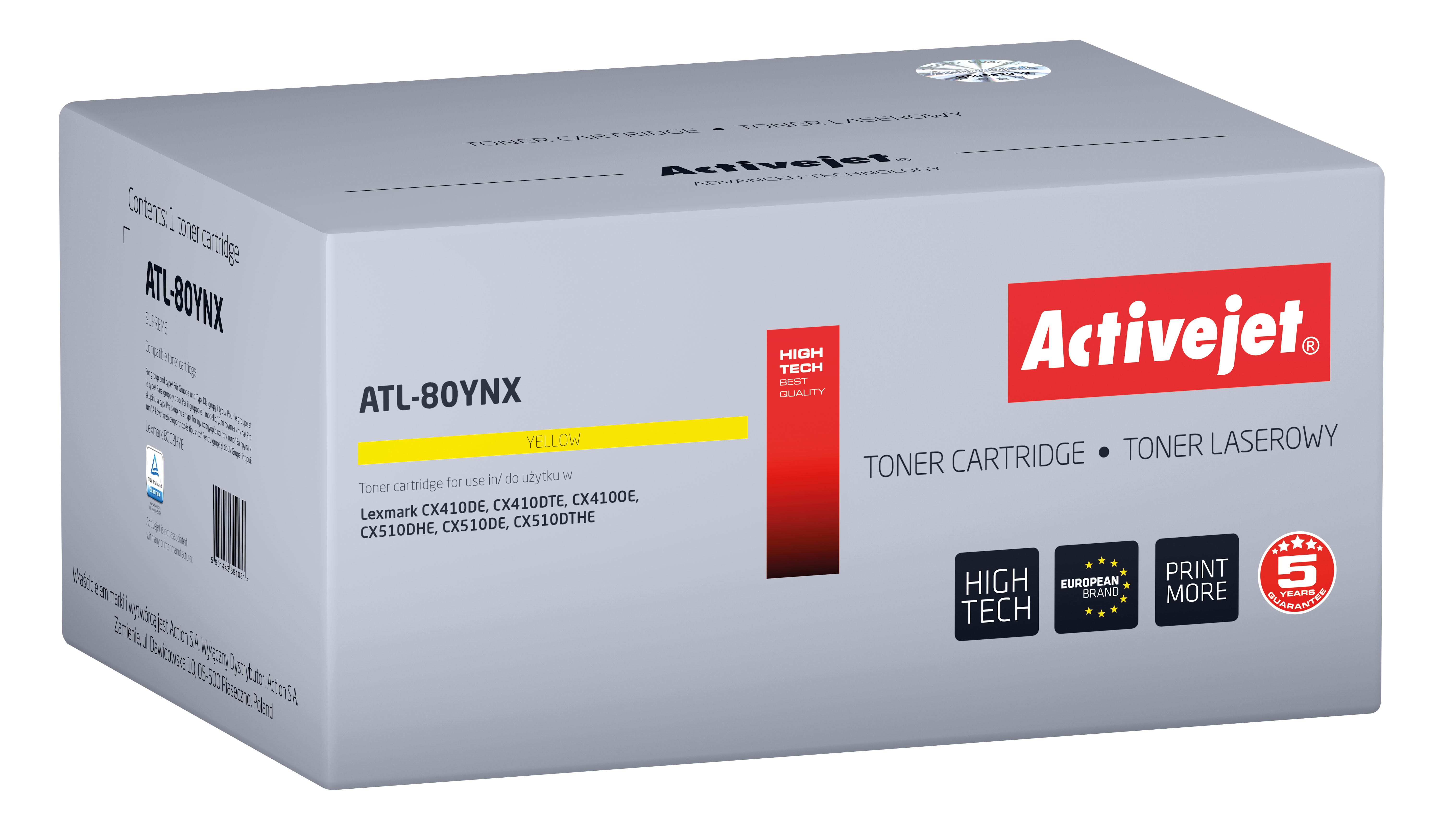 Caja de cartucho de tóner Activejet amarillo. La caja tiene una barra amarilla y "YELLOW" escrito.