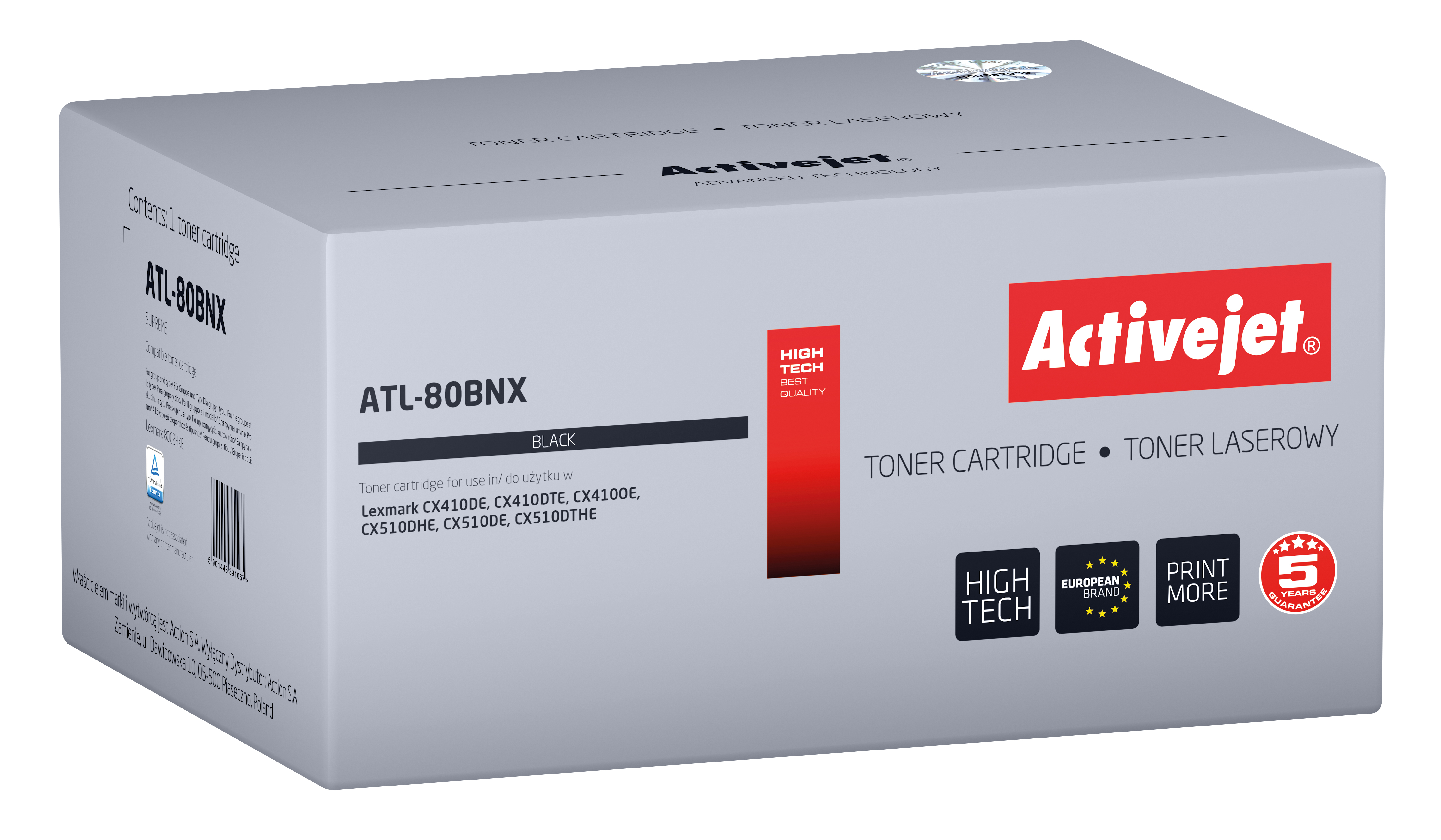 Cartuccia toner nera in una scatola grigia. Marchio Activejet.