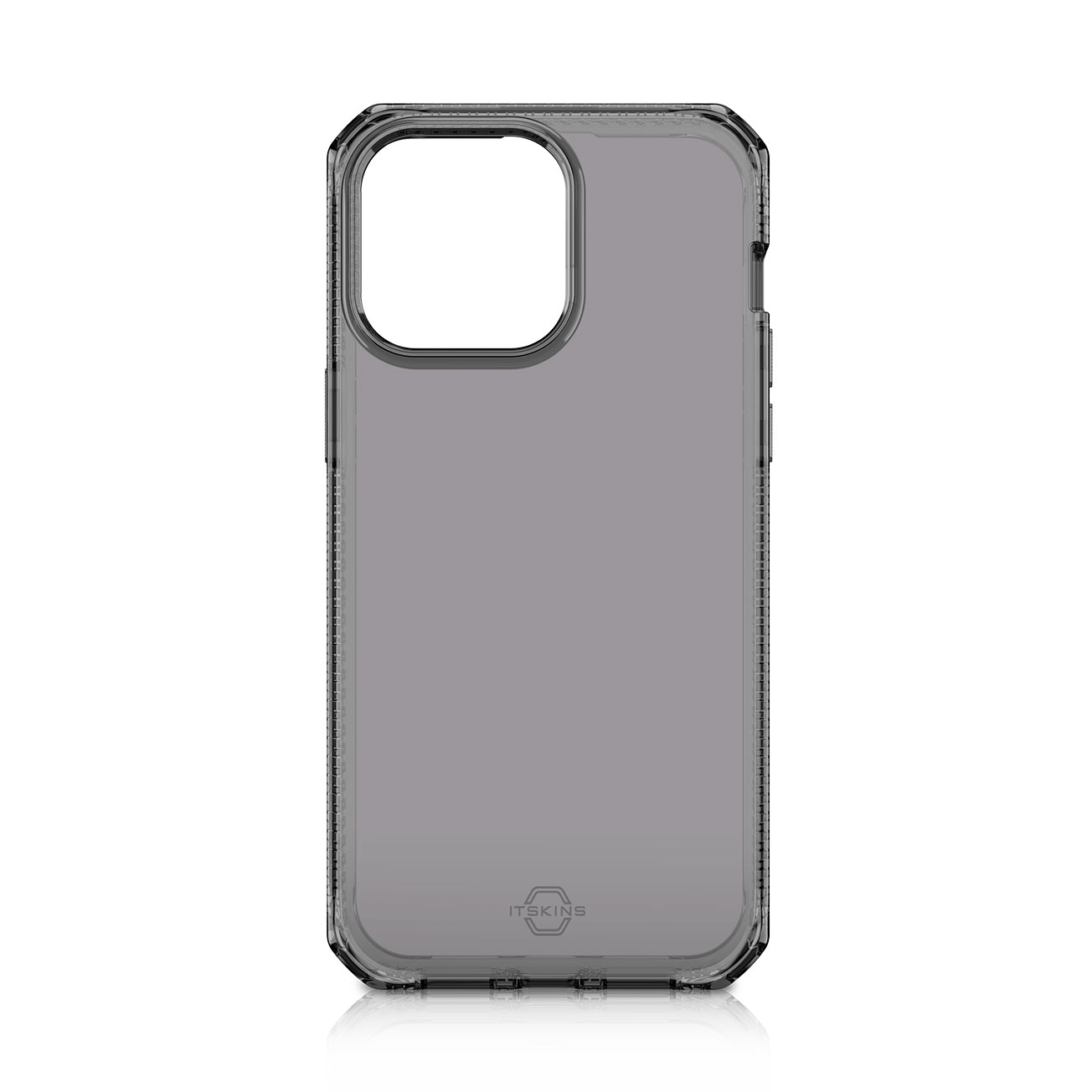 Una custodia grigia per telefono con un ritaglio quadrato per la fotocamera e una cornice nera. Il marchio ITSKINS è sulla custodia.