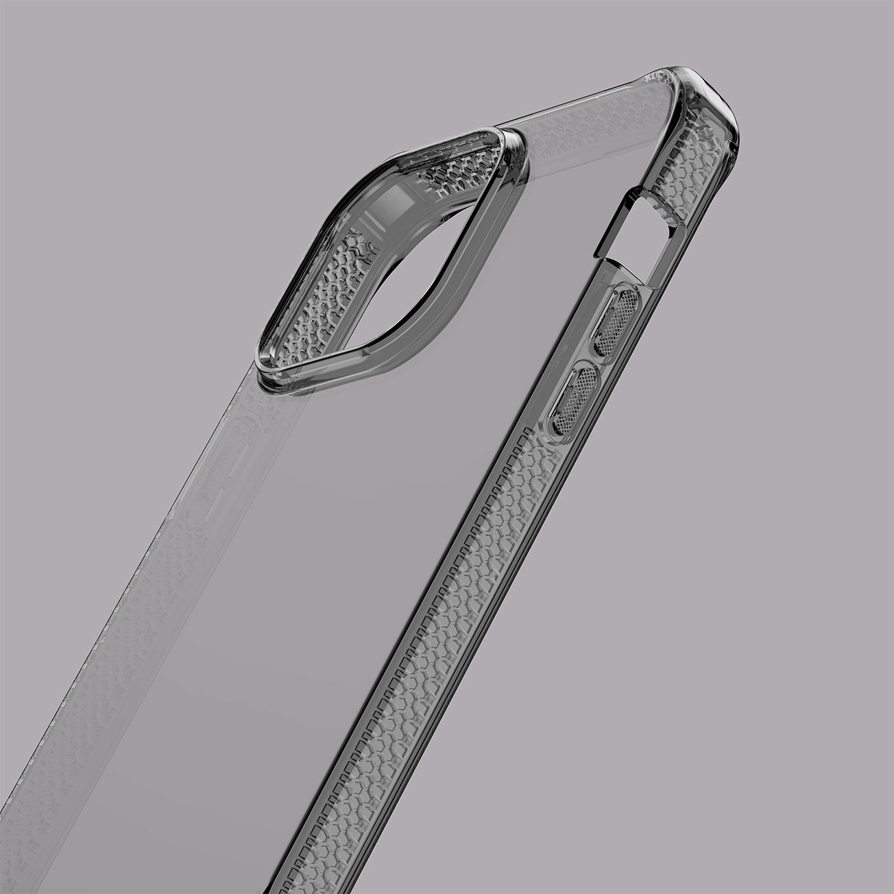 Custodia trasparente per telefono, che mostra il lato con i pulsanti e la parte superiore con il ritaglio della fotocamera.