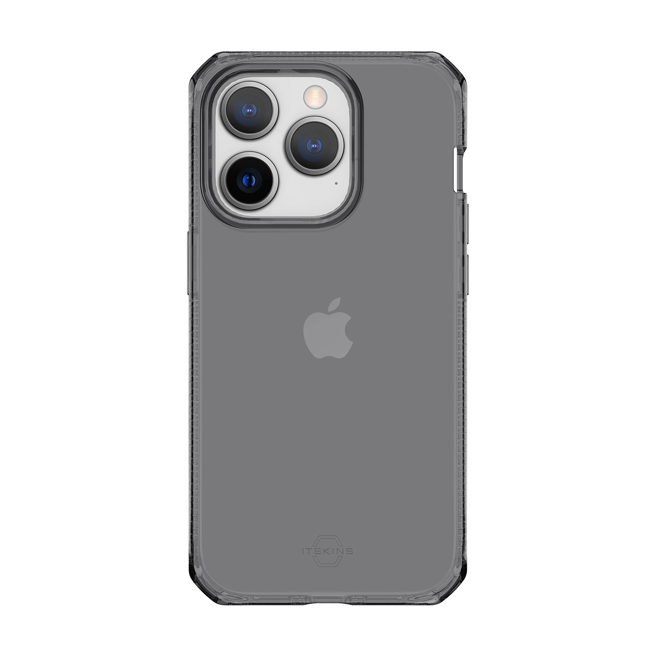 Custodia trasparente per telefono, con ritagli per iPhone e fotocamera visibili. Logo Apple sul telefono.