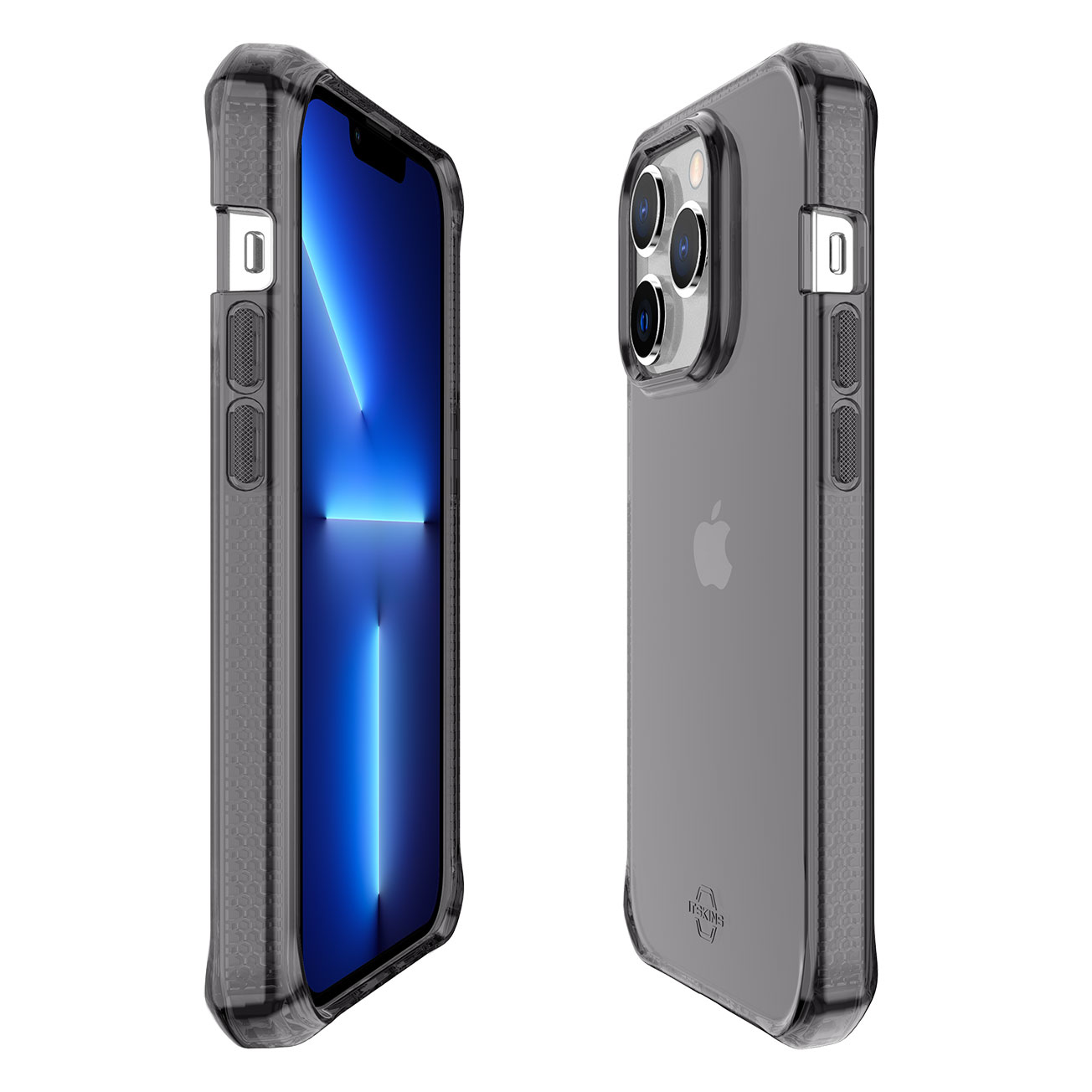 Custodia trasparente per telefono, che mostra i ritagli per iPhone e fotocamera sul telefono. Due lati della custodia.