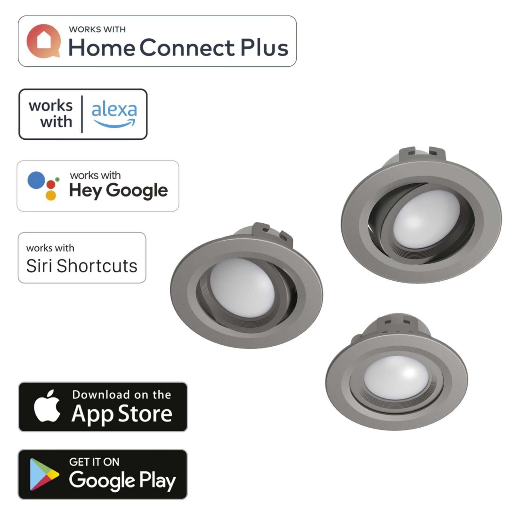 Elementi di controllo della casa intelligente con loghi. Pulsanti di download di App Store e Google Play presenti.