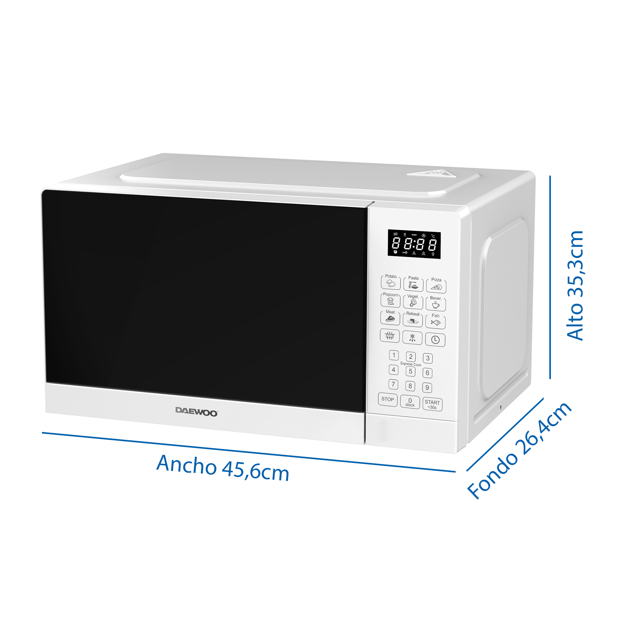 Microondas Daewoo blanco. Tiene puerta y panel negro. Se muestran las dimensiones.