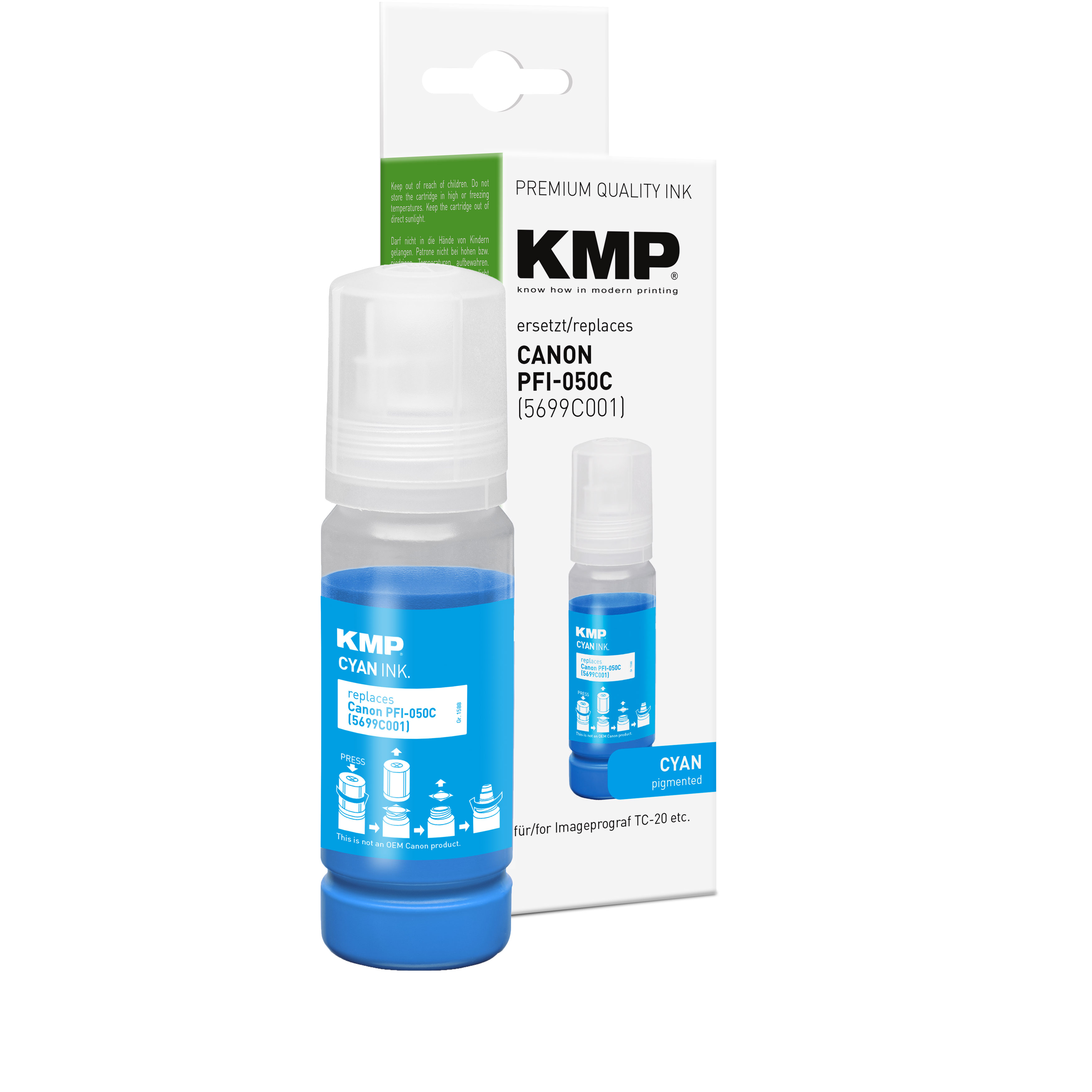 Flacone di inchiostro blu con etichetta KMP, sostituisce Canon PFI-050C, sfondo bianco.