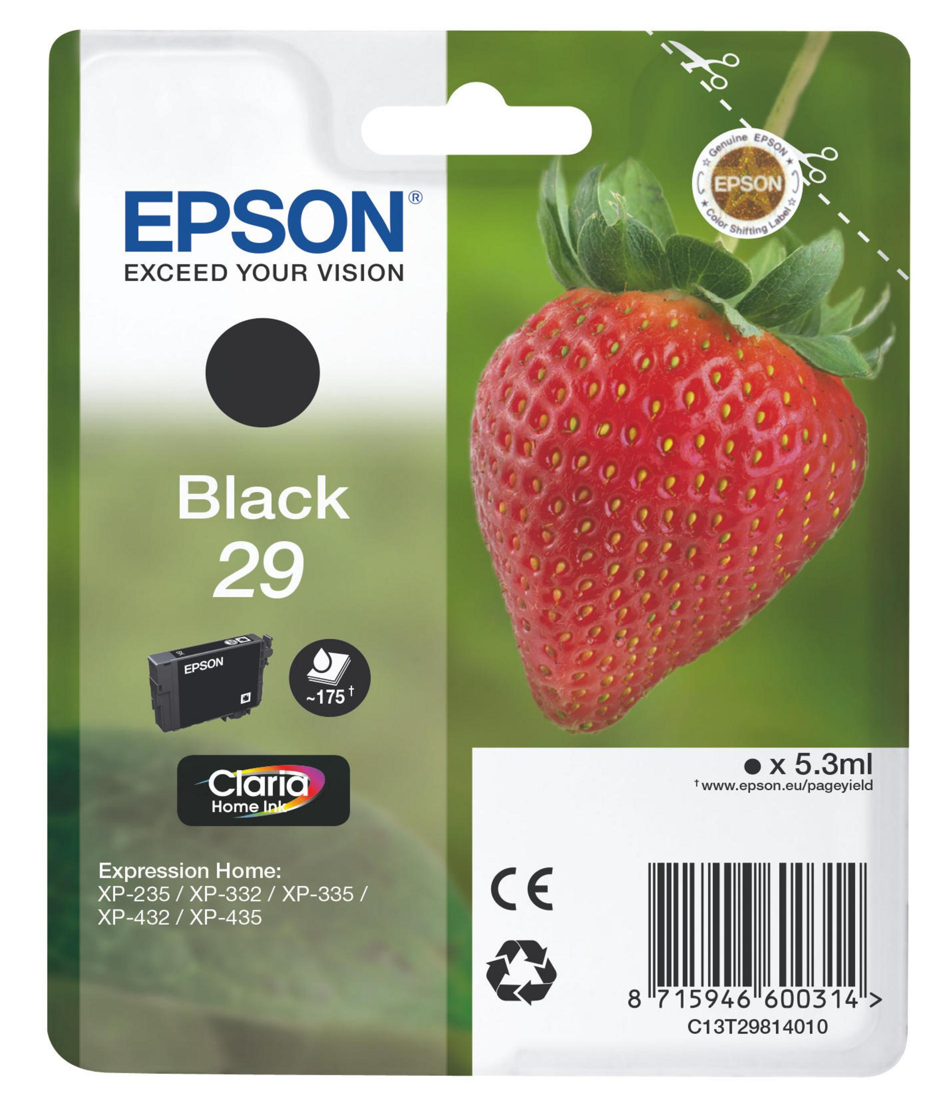 Cartuccia d'inchiostro nera Epson con un disegno di fragola e un punto nero.