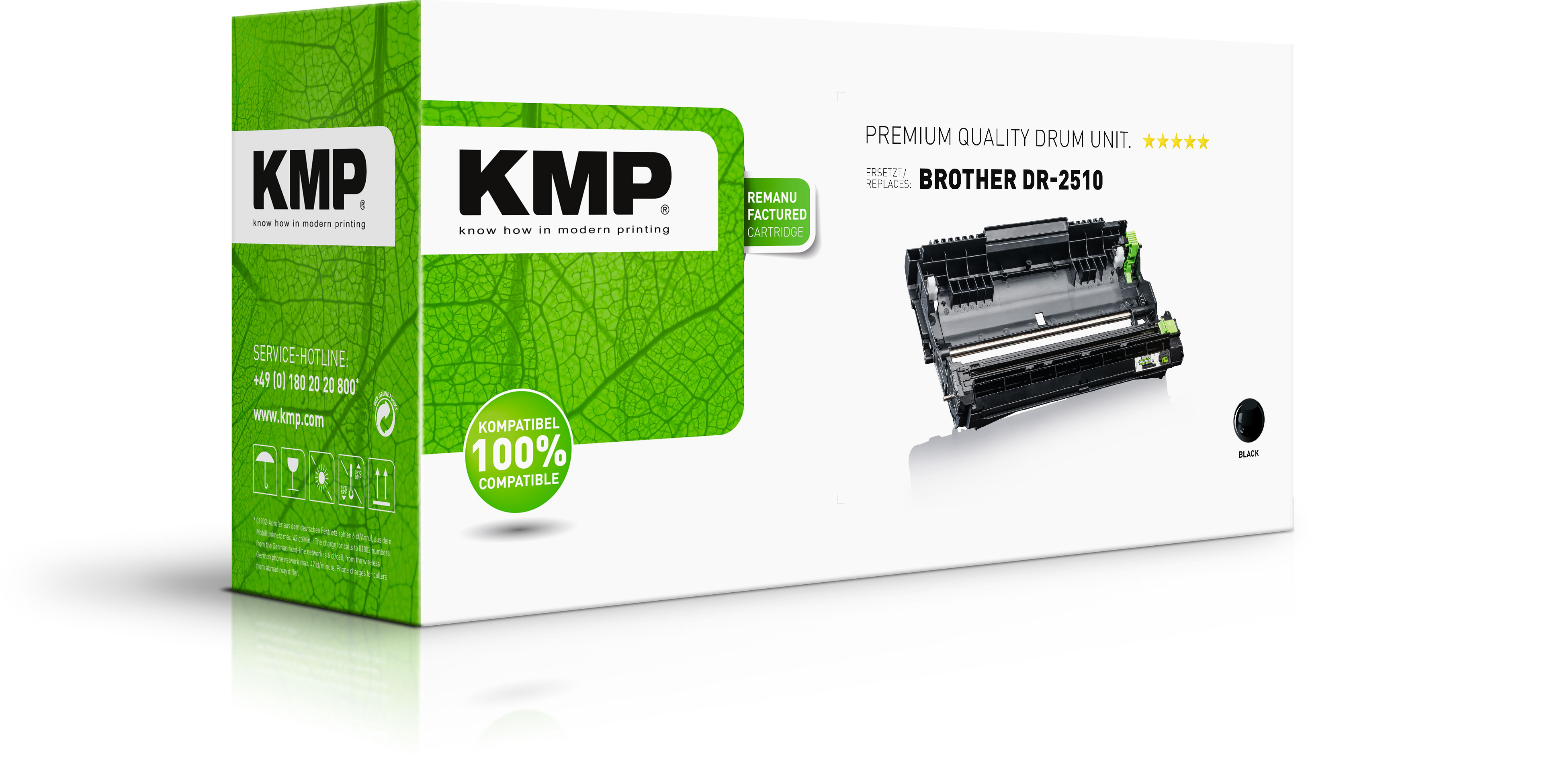 Scatola dell'unità tamburo stampante KMP. L'unità è nera. La scatola è per lo più verde con testo bianco.