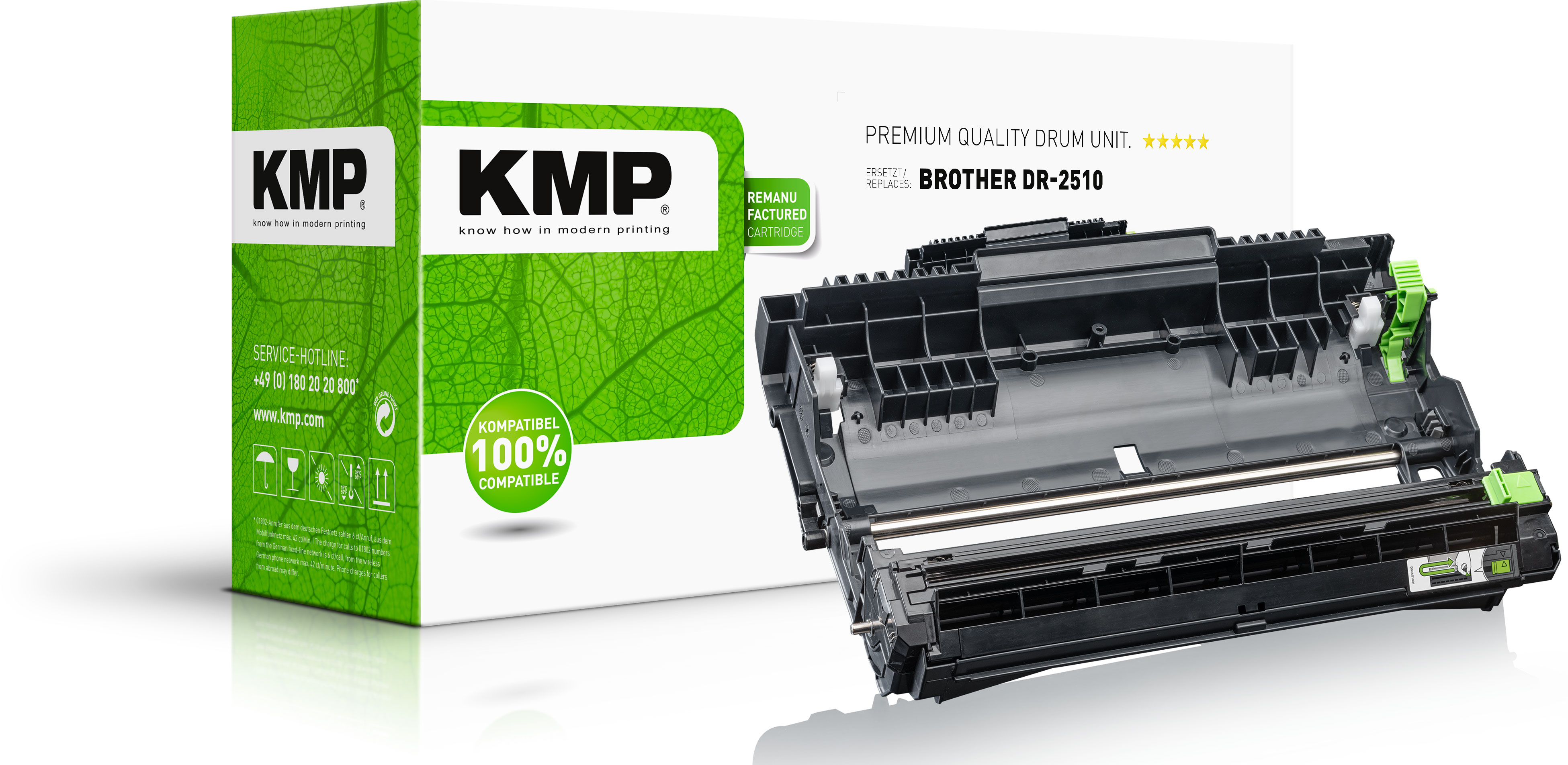 Scatola cartuccia toner KMP con unità tamburo stampante, sfondo bianco.