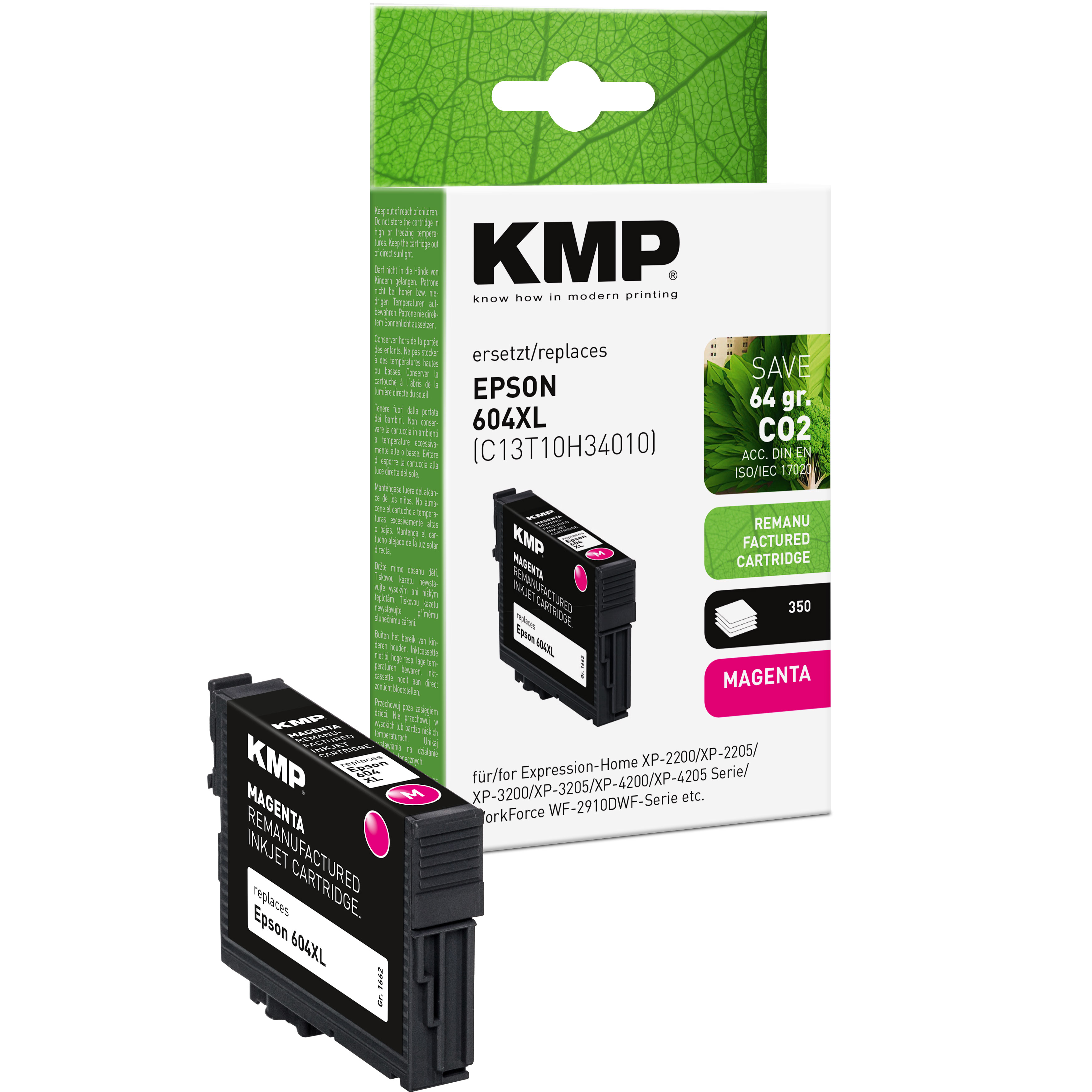Cartuccia inchiostro magenta KMP, con una scatola sullo sfondo. Sono visibili foglie verdi.