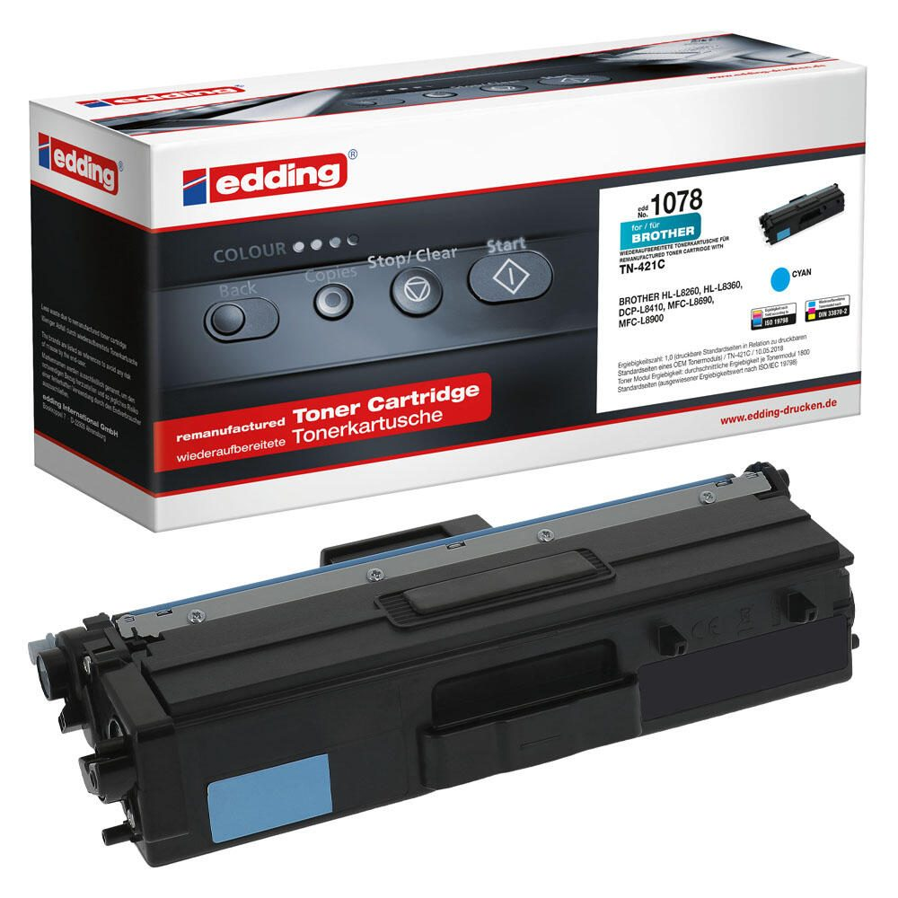 Cartuccia toner Edding, ciano, per stampanti Brother, con scatola bianca sullo sfondo.