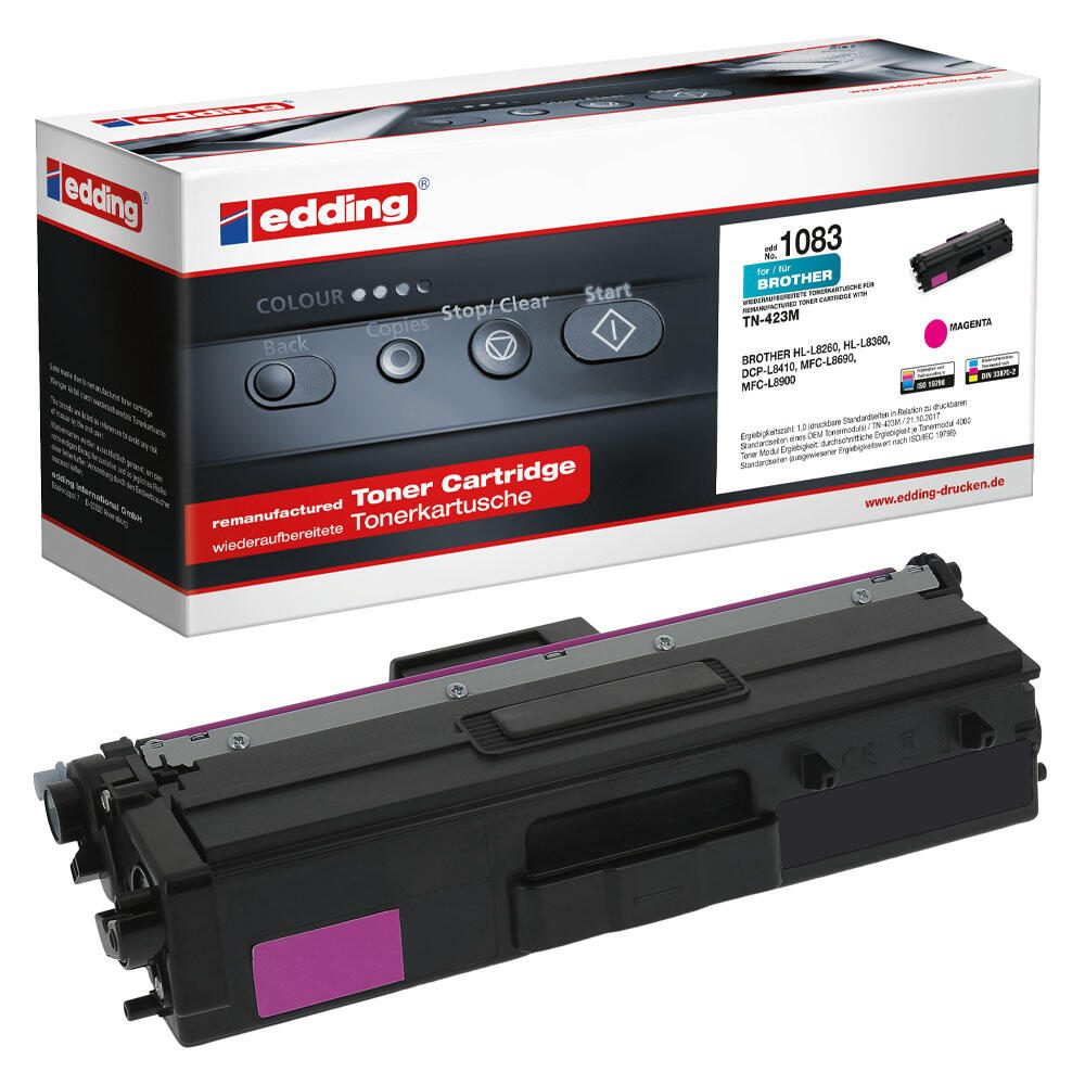Cartuccia toner Edding, magenta, per stampanti Brother, con scatola bianca sullo sfondo.