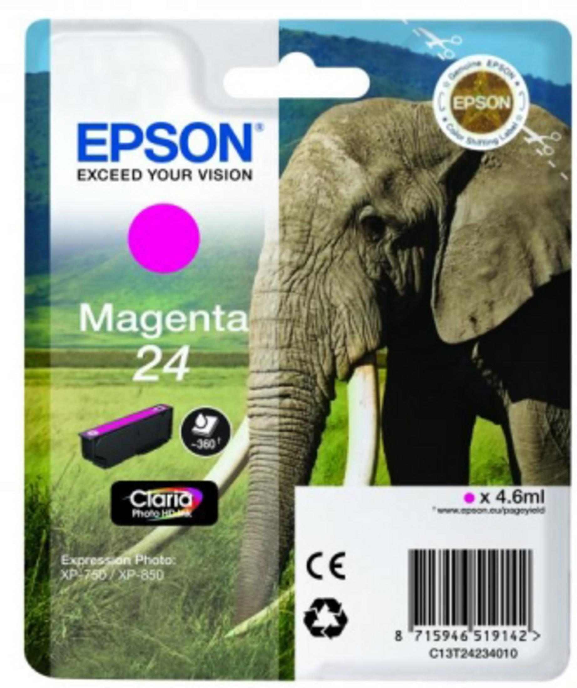 Cartuccia inchiostro magenta Epson. Immagine di elefante sullo sfondo.