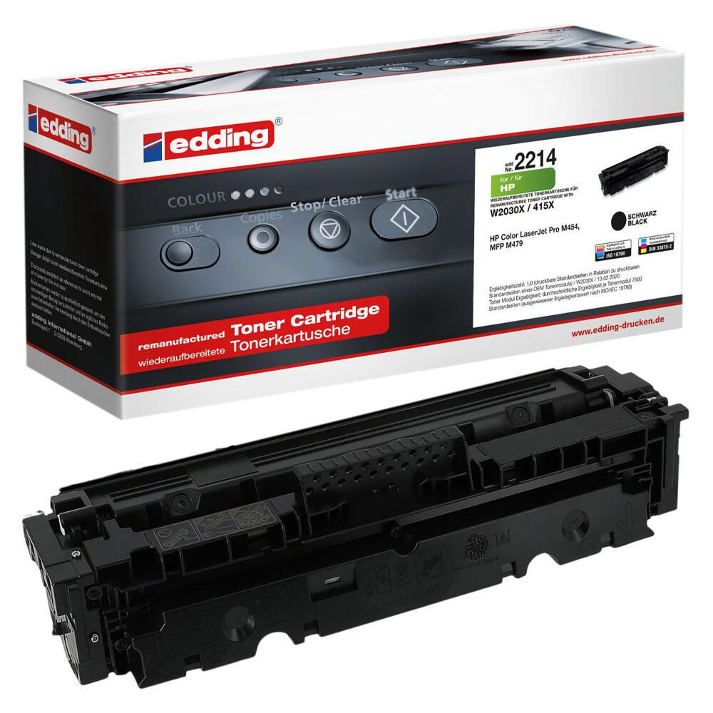 Cartuccia toner nera Edding, con scatola sullo sfondo con testo e immagini.