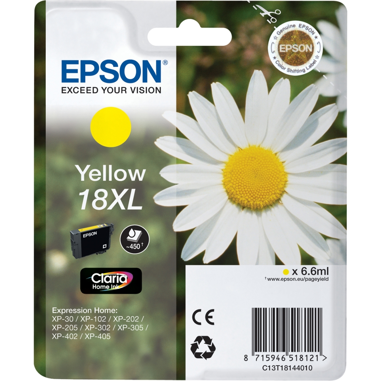 Cartuccia inchiostro giallo Epson. Fiore margherita sullo sfondo.
