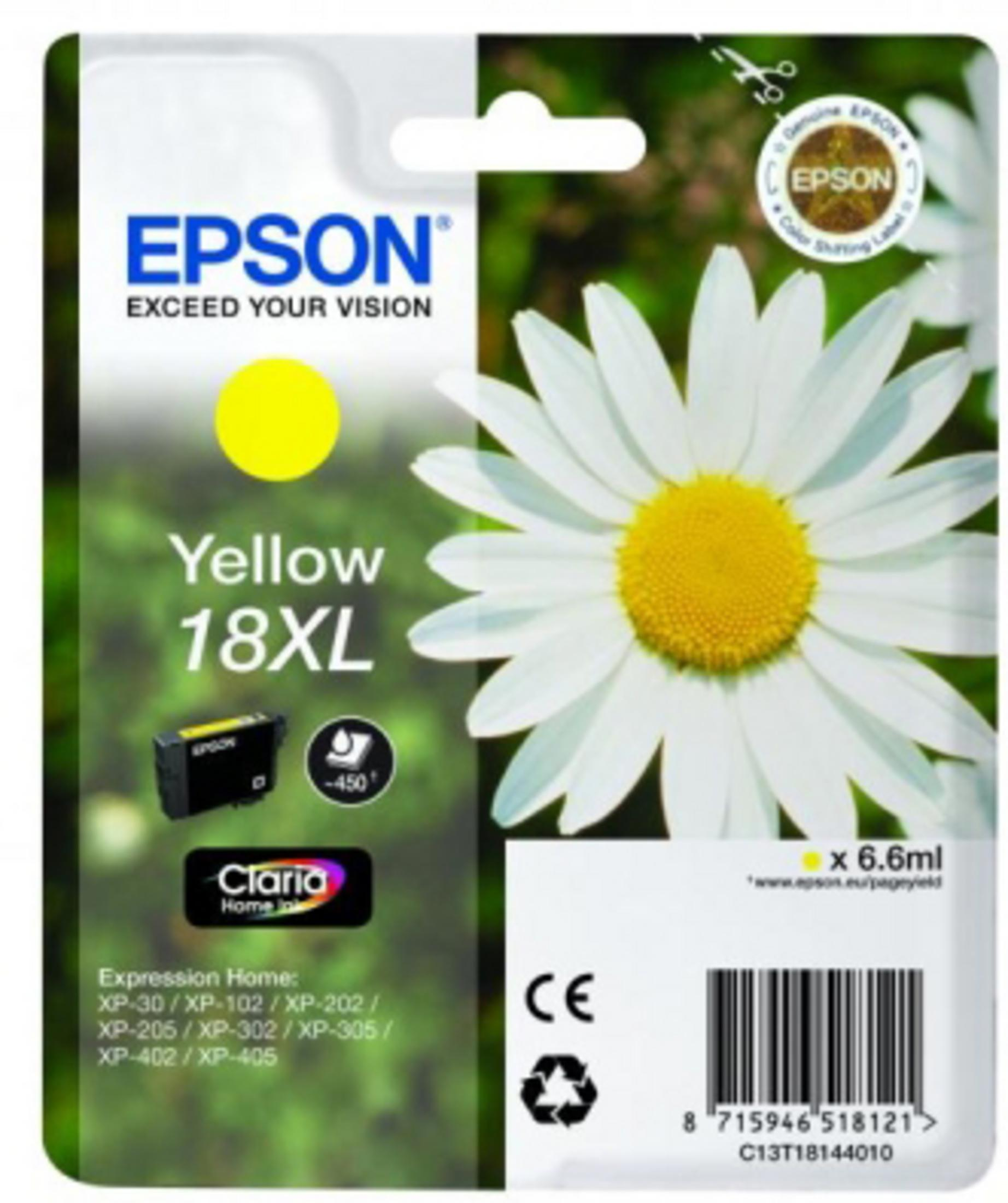 Cartuccia inchiostro giallo Epson. Fiore margherita sullo sfondo.