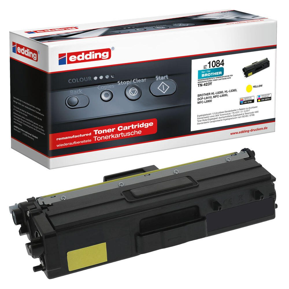 Cartuccia toner nera e gialla e scatola con testo.