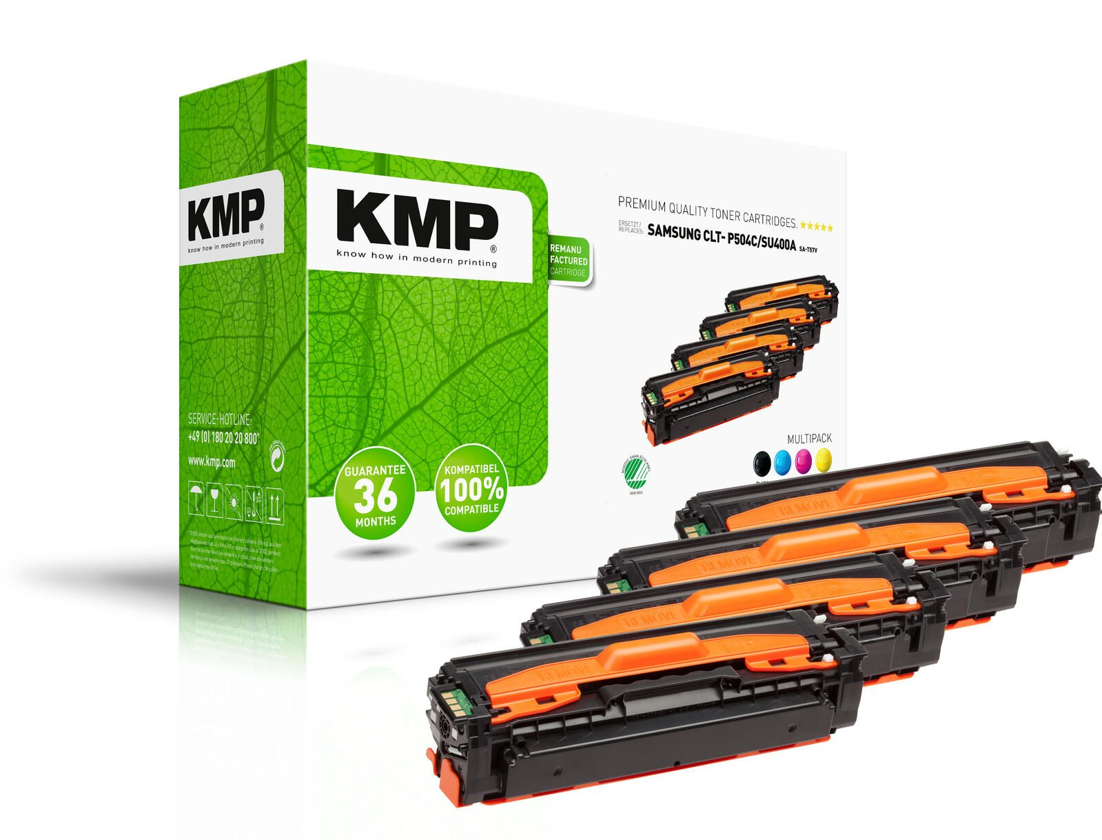 Scatola di cartucce toner KMP. Cartucce davanti alla scatola. Sfondo bianco.