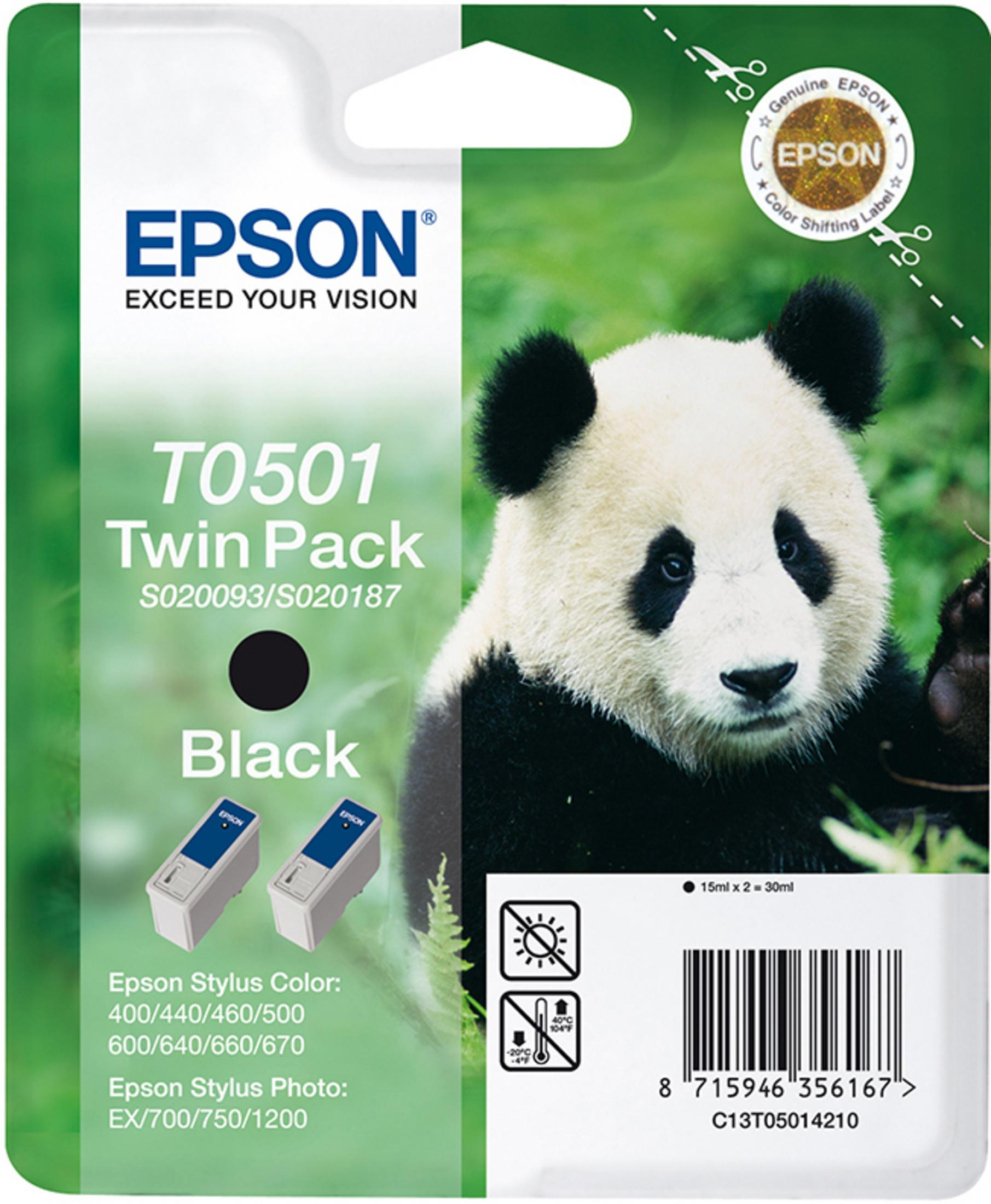 Epson Tintenpatronen-Doppelpack mit Panda-Bild. Grüner Hintergrund.