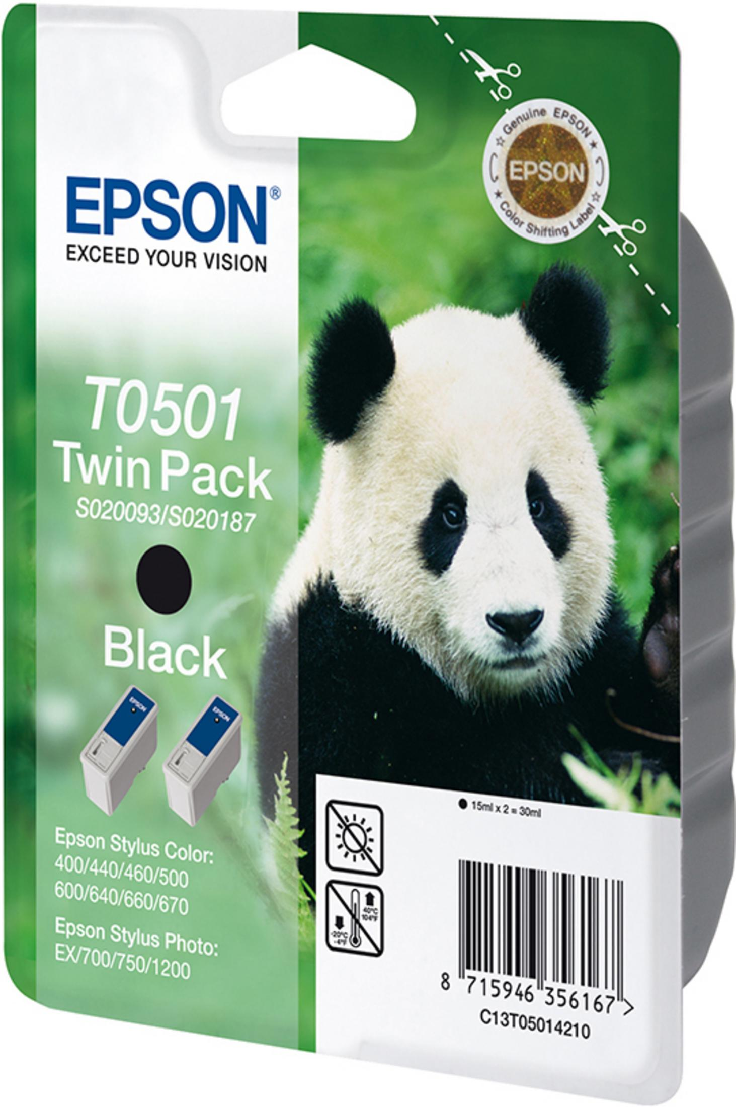 Epson Tintenpatronen-Doppelpack mit Panda-Bild. Grüner Hintergrund.