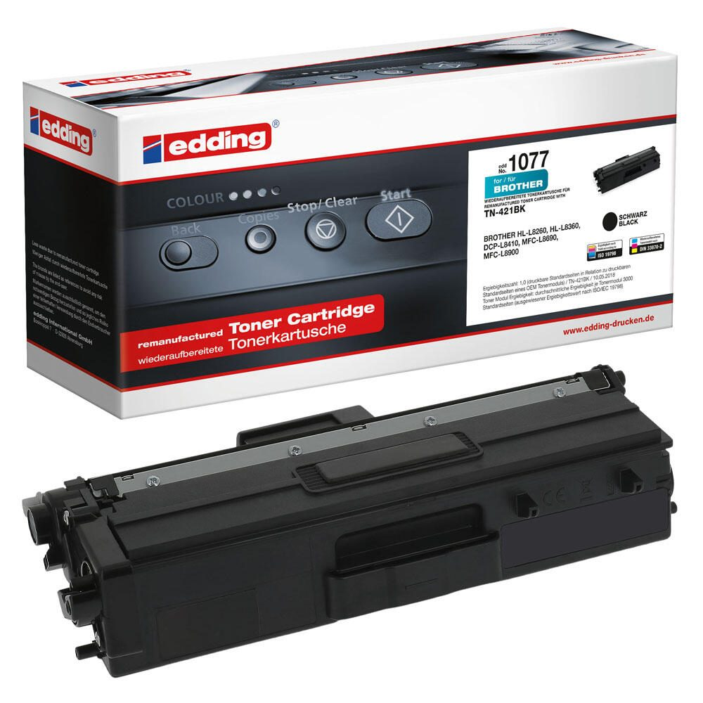 Una scatola e una cartuccia toner edding. La confezione ha un'immagine della cartuccia e info prodotto.