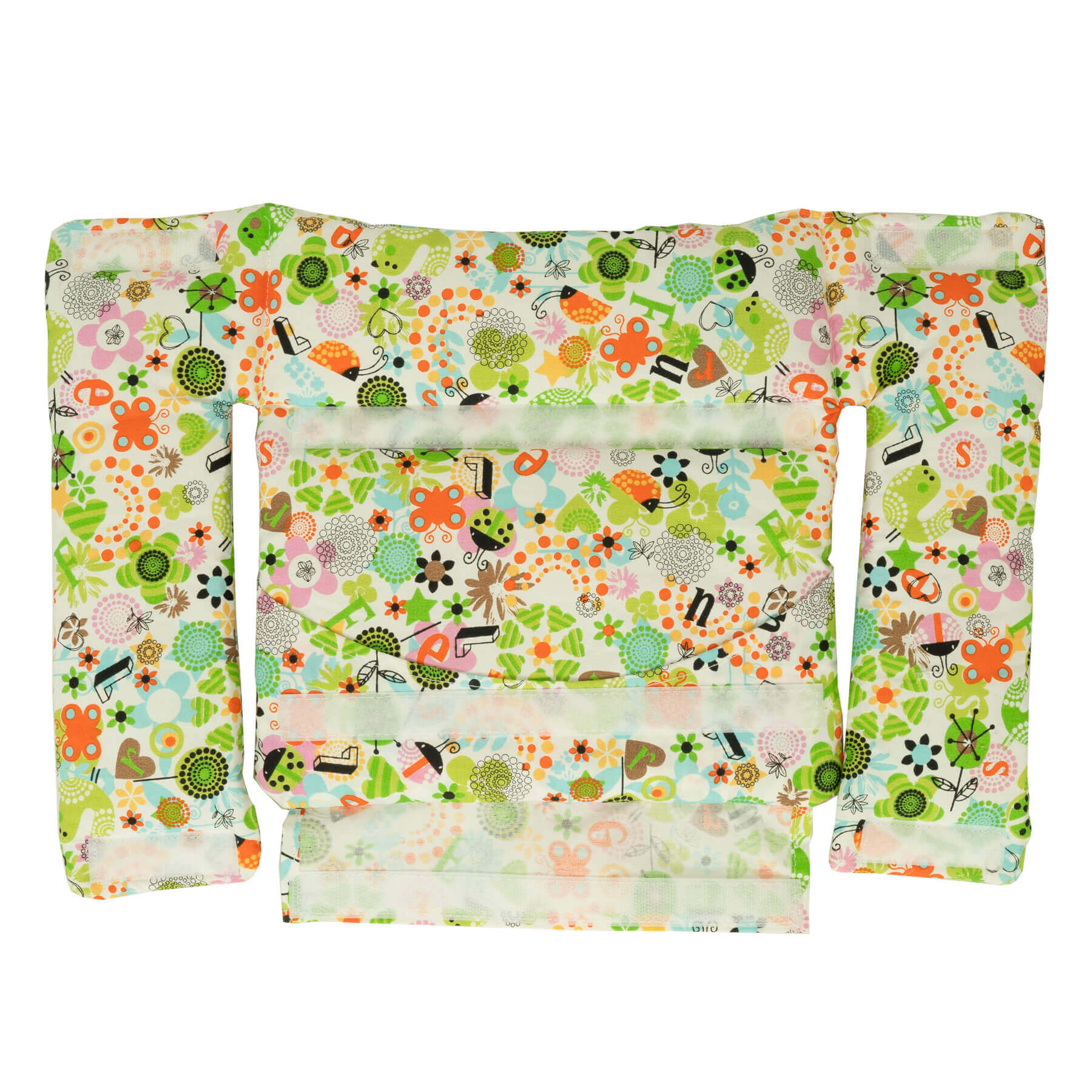 Un juego de cojines con estampado floral con múltiples correas, en tonos verdes y naranjas.