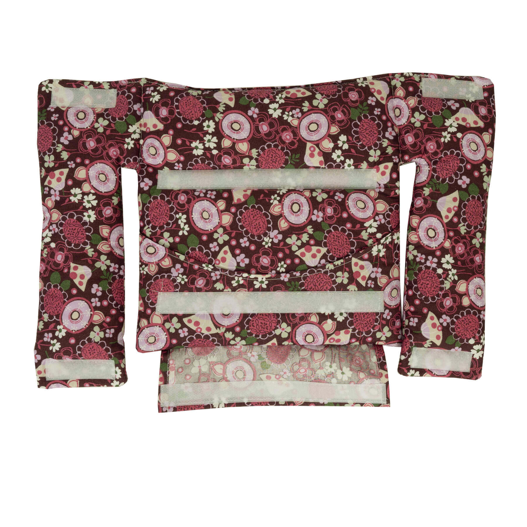 Un juego de cojines con estampado floral, base burdeos con flores rosas y blancas. Se ven correas de velcro.