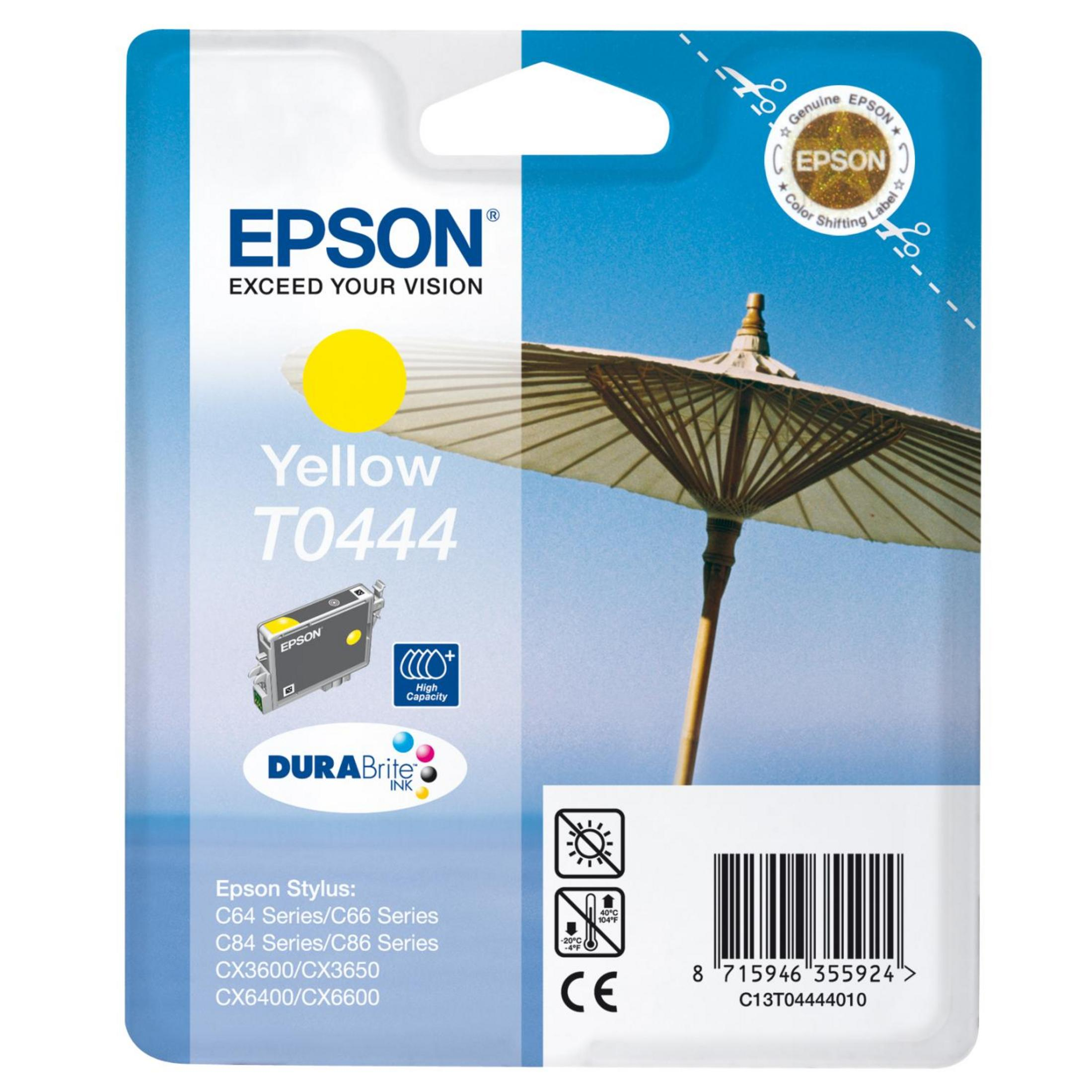 Epson gelbe Tintenpatrone. Etikett zeigt Tinte und ein Bild eines Schirms.