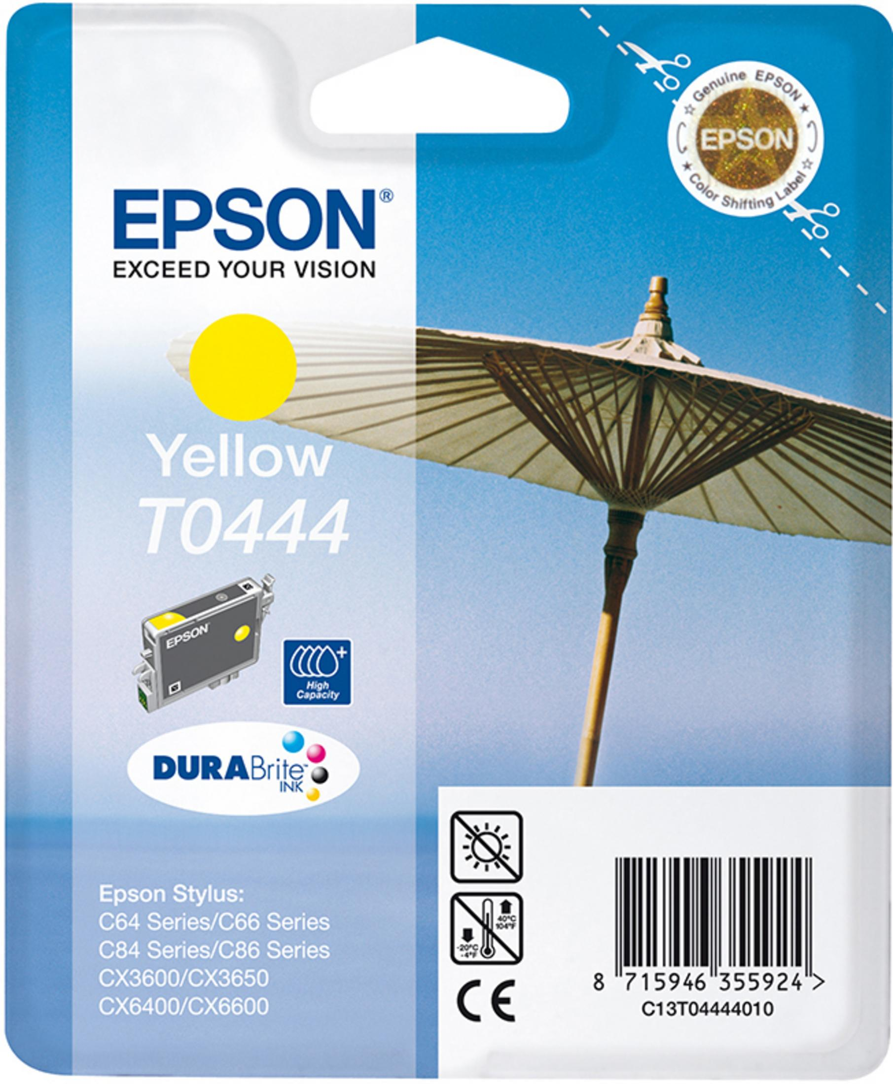 Epson gelbe Tintenpatronenverpackung mit einer Schirm-Illustration und Text.