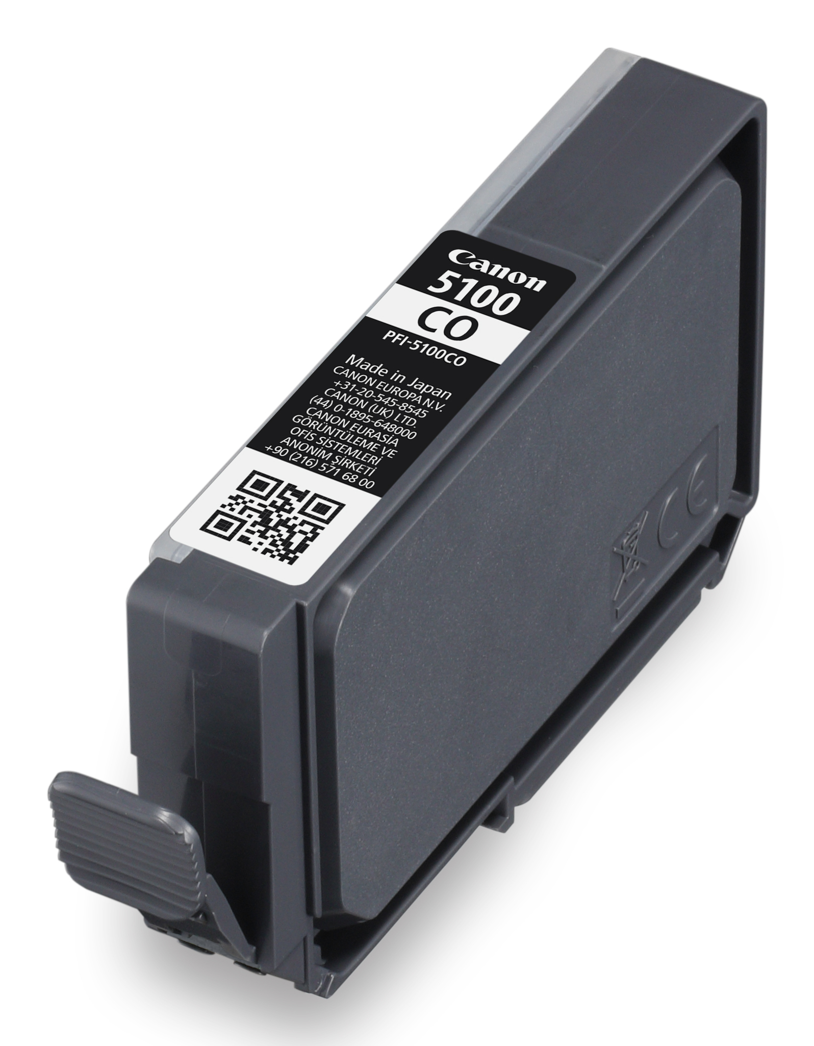 Canon zwarte inktcartridge. Zwarte cartridge en wit label. Grijze behuizing.