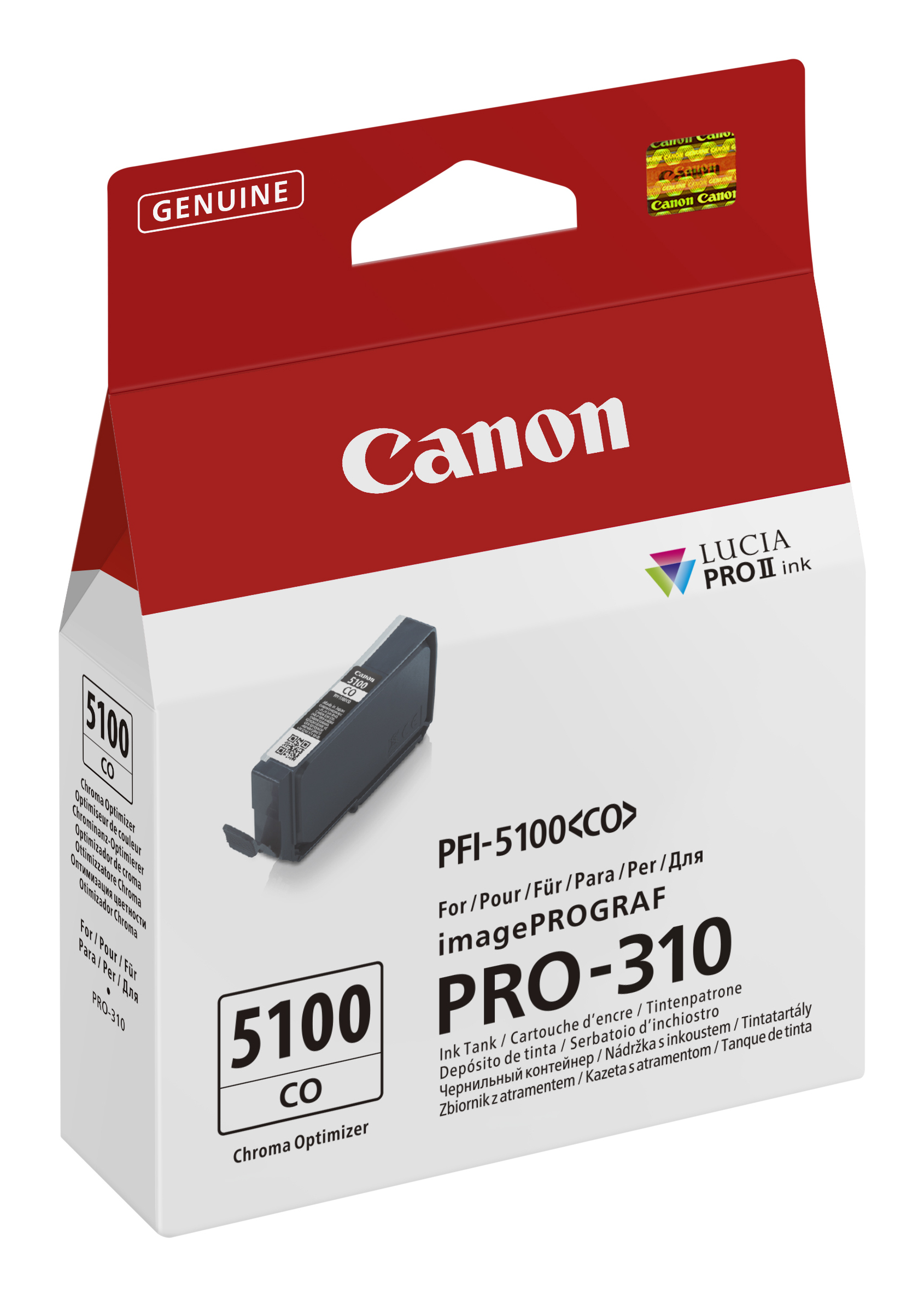 Verpakking zwarte inktcartridge Canon, een rode en witte doos met het Canon-logo.