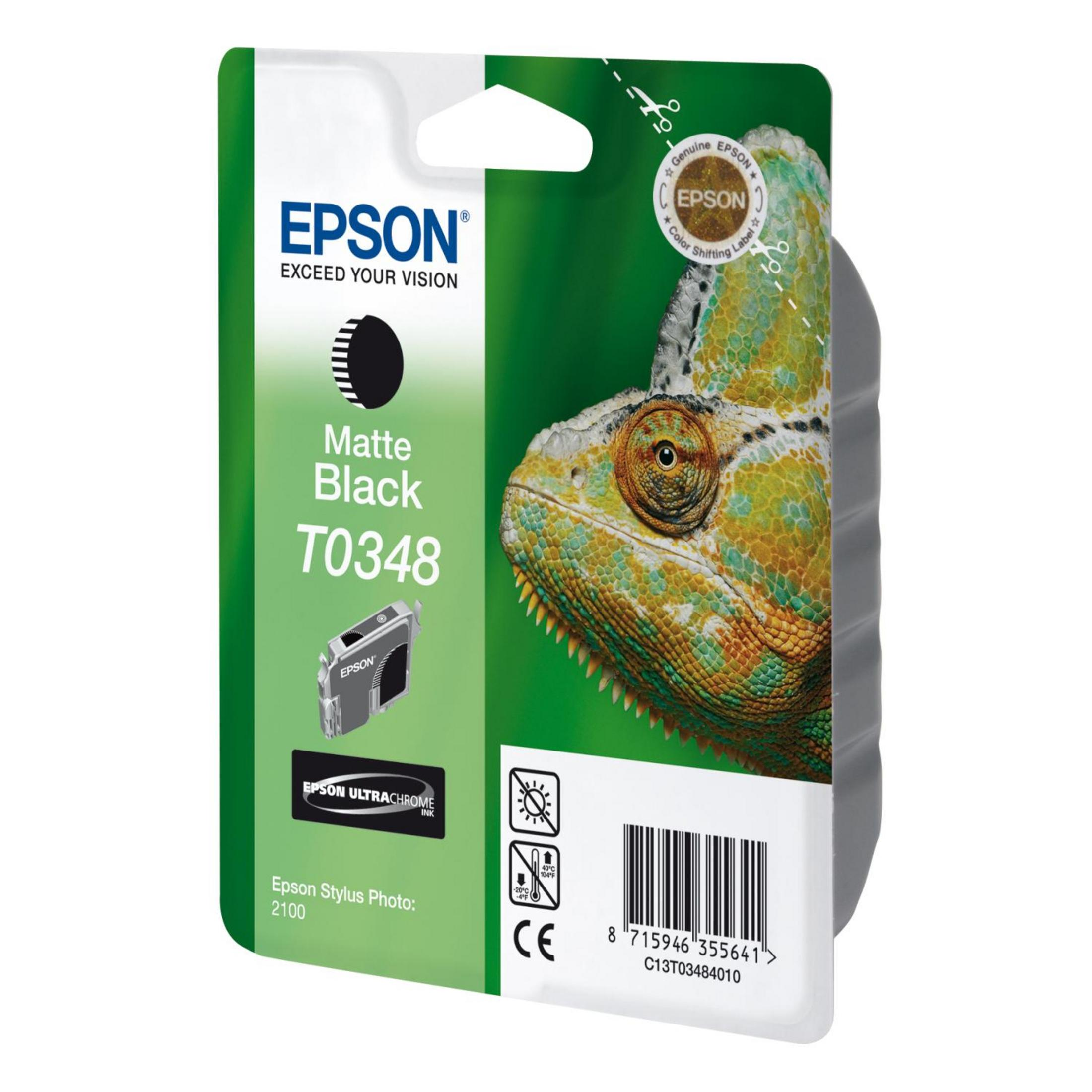 Epson Matte Black T0348 Tintenpatrone. Grüne und weiße Verpackung mit Chamäleon.