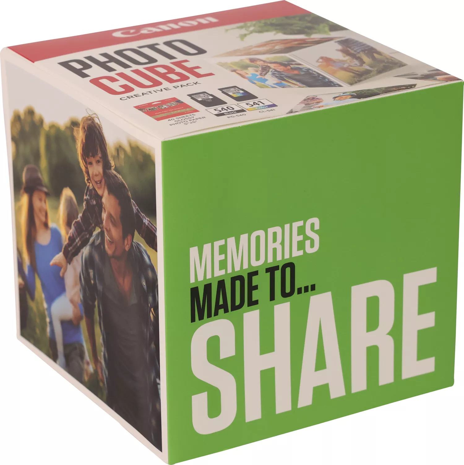 Pudełko Canon Photo Cube, zielono-białe ze zdjęciem rodzinnym z boku.