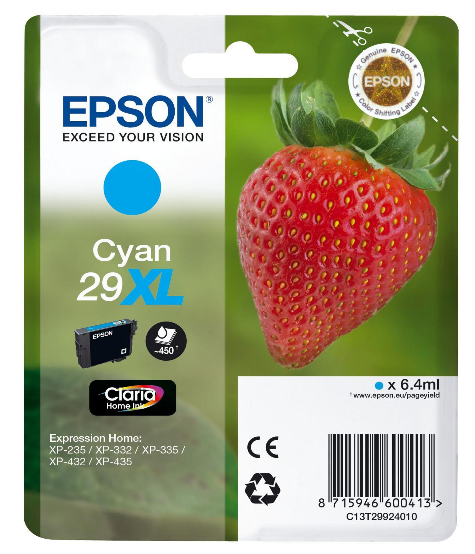 Epson Cyan 29XL Tintenpatrone. Grüne und weiße Verpackung mit Erdbeere.