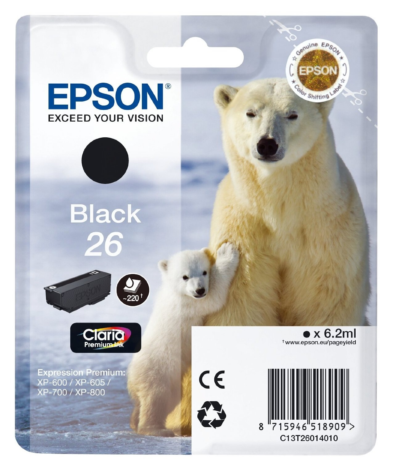 Una confezione di cartucce d'inchiostro Epson con un orso polare e un cucciolo di orso polare.