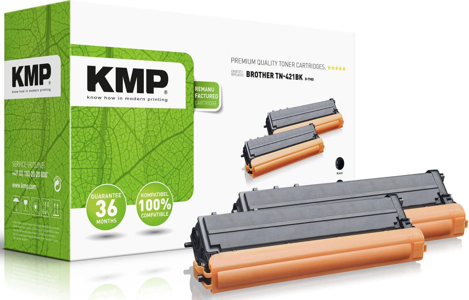 Una scatola di cartucce toner KMP per stampanti Brother, con alcune cartucce visibili.