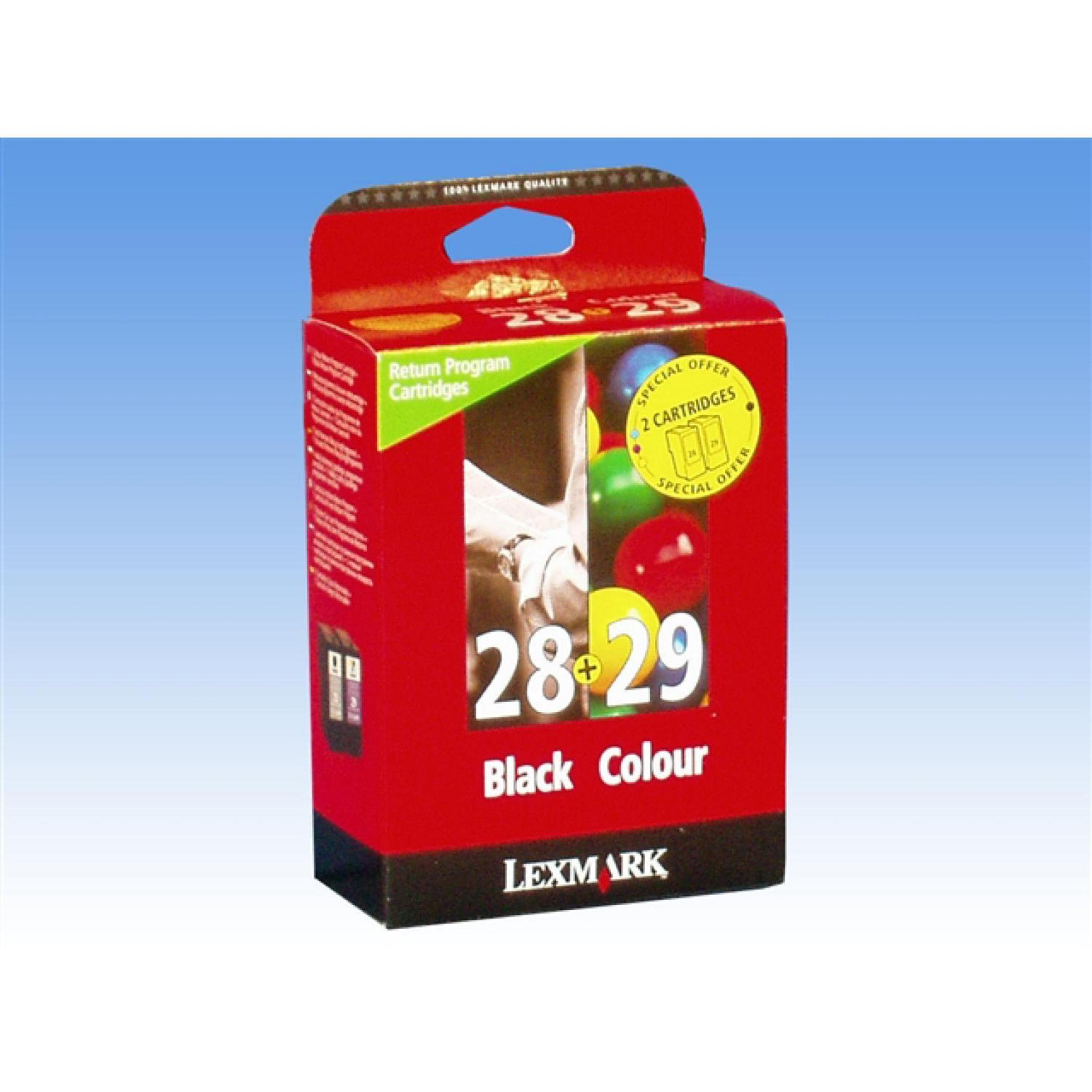Eine rote Lexmark-Box mit schwarzen Tintenpatronen, mit bunten Ballons im Hintergrund.