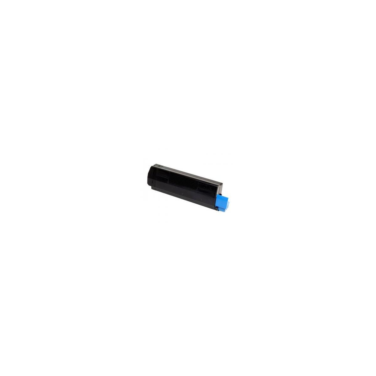 Una cartuccia toner nera con un pezzo blu all'estremità su sfondo bianco.