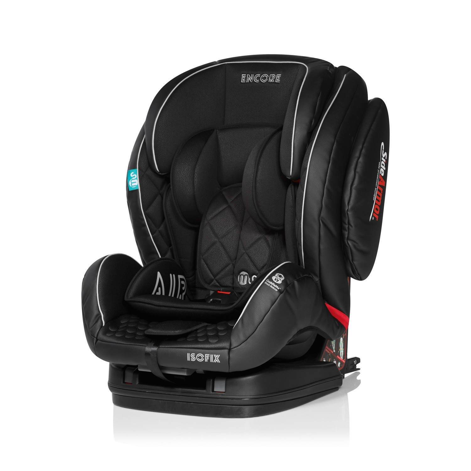 Asiento de coche para bebé negro con ribete blanco y la palabra 'ENCORE' en la parte superior. Tiene ISOFIX.