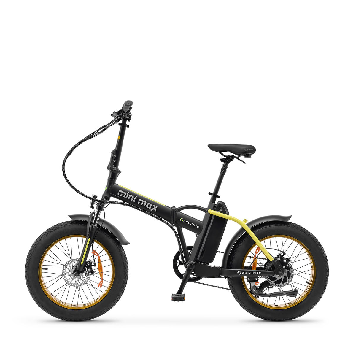 Bicicletta elettrica mini max nera e gialla con pneumatici larghi, su sfondo bianco.