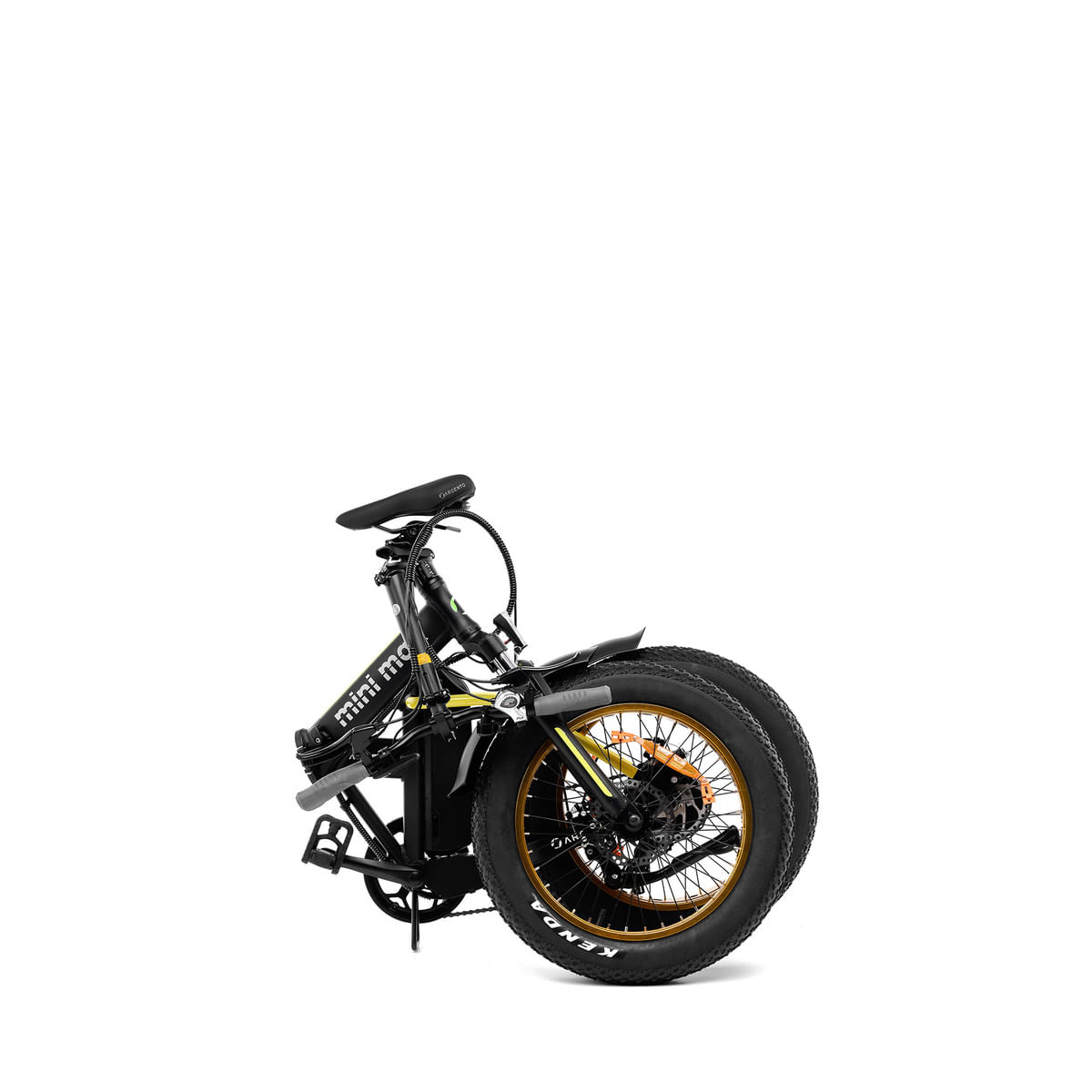 Bicicletta elettrica piegata nera e gialla con pneumatici larghi su sfondo bianco. Il marchio è 'Mini Mo'.