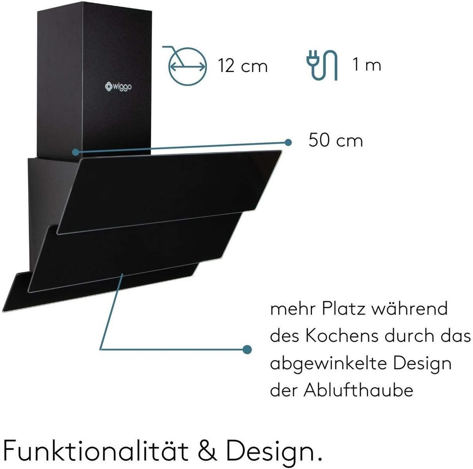 Diagramme d'une hotte aspirante noire avec dimensions et texte en allemand, sur fond blanc.