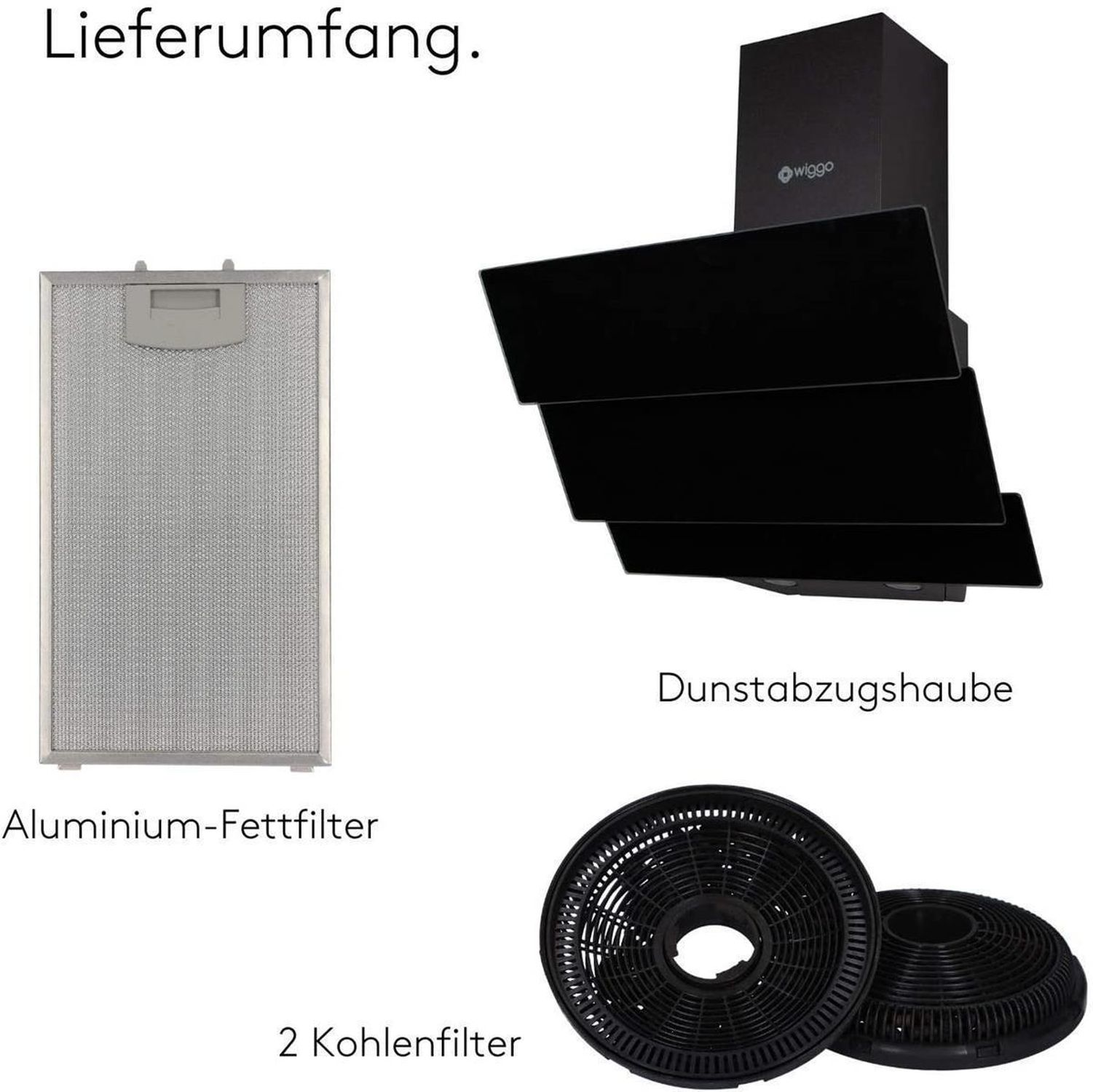 Une hotte de cuisine noire, un filtre et deux filtres à charbon sont présentés sur fond blanc.