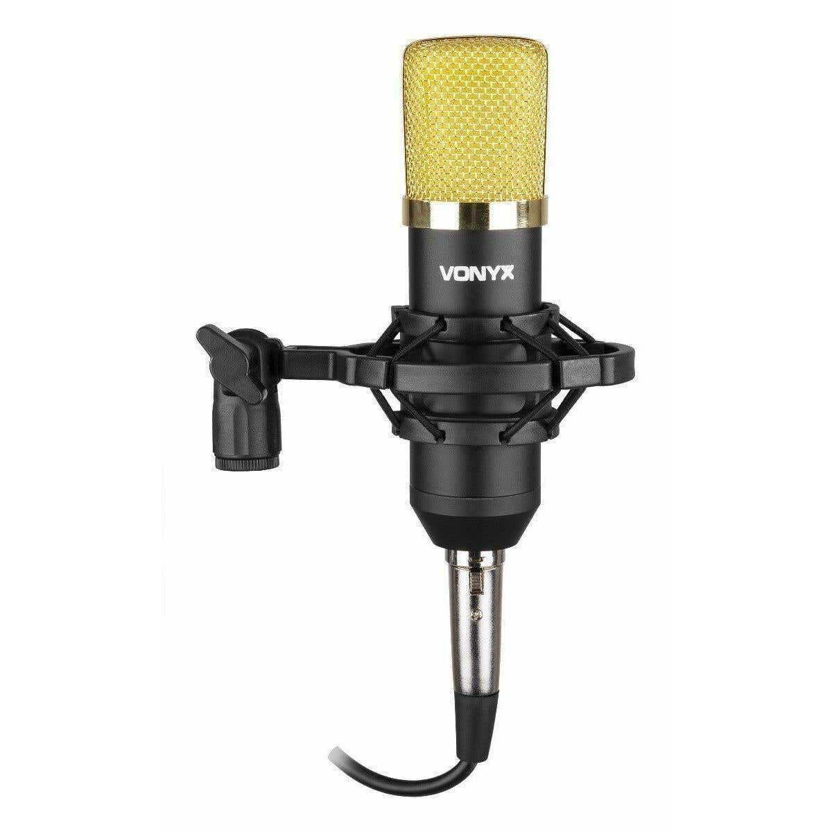 Een gouden en zwarte VONYX microfoon in een shockmount.