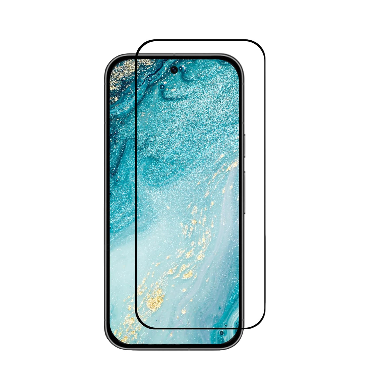 Smartphone con protezione schermo, che mostra uno sfondo marmoreo. Il telefono è su sfondo bianco.