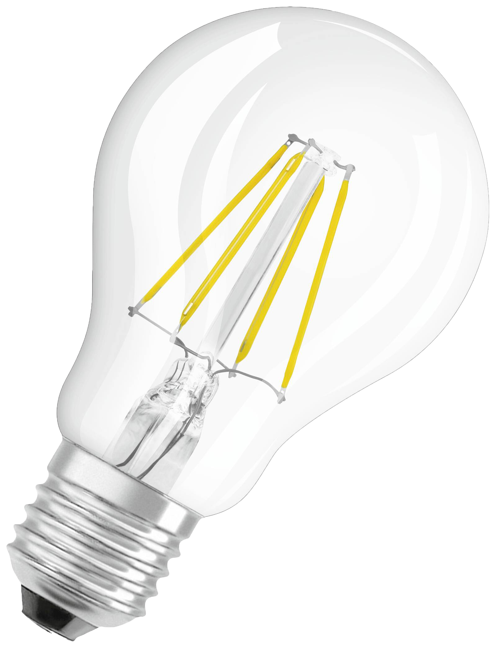 Przezroczysta żarówka z żółtymi włóknami. Jest pod kątem i na białym tle.