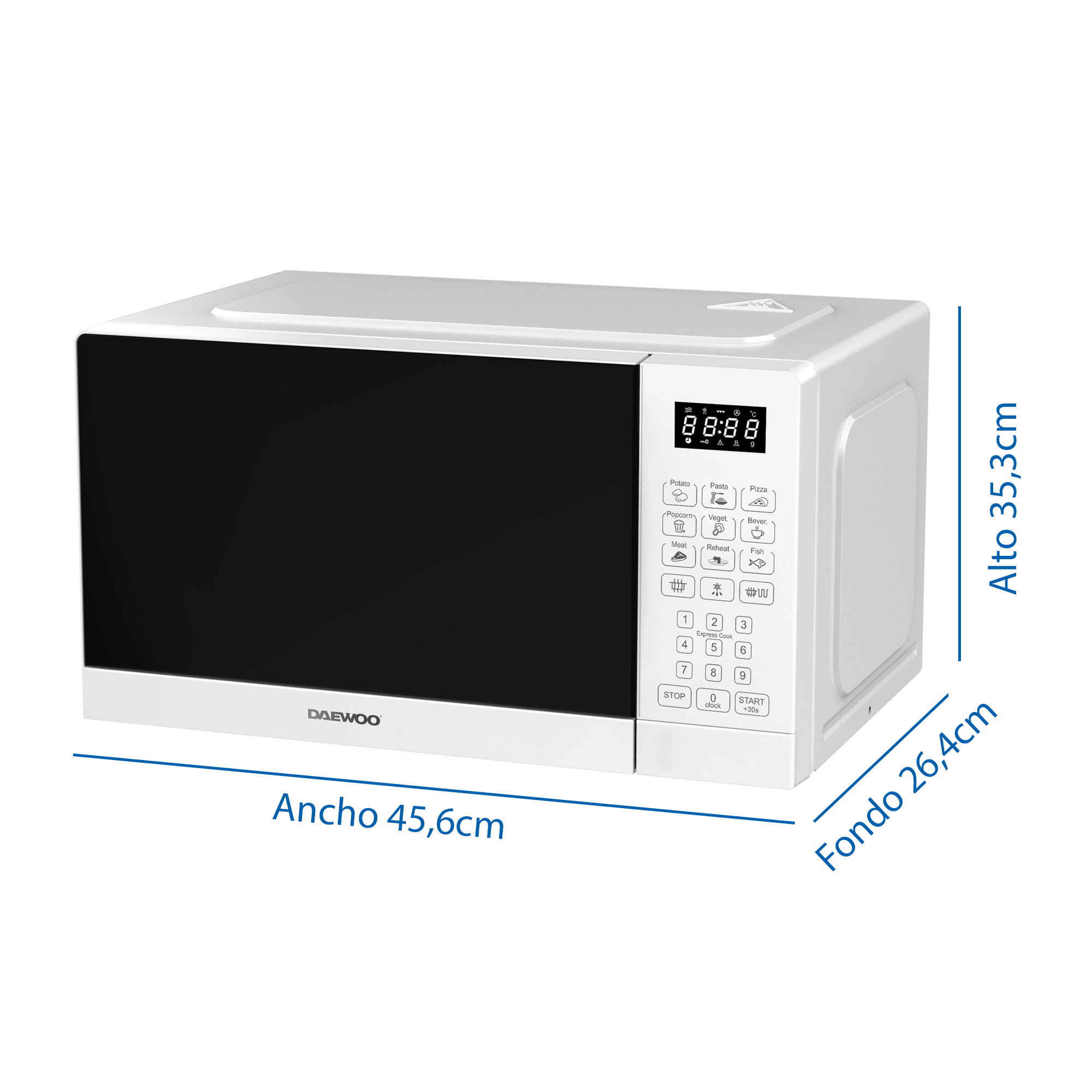Un horno microondas blanco con puerta negra y pantalla digital, medidas incluidas.