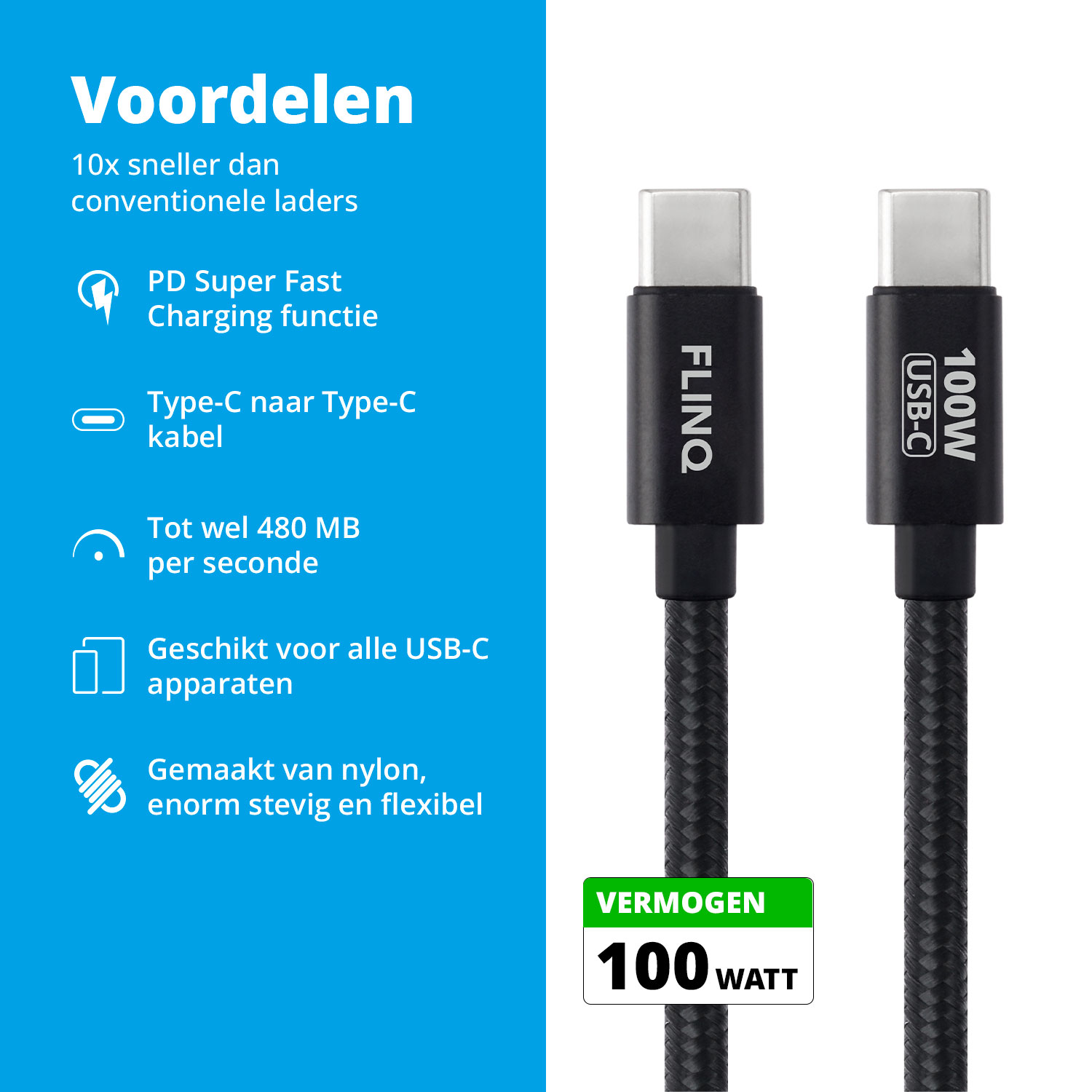 An image showing product features of USB-C cables with text in Dutch.